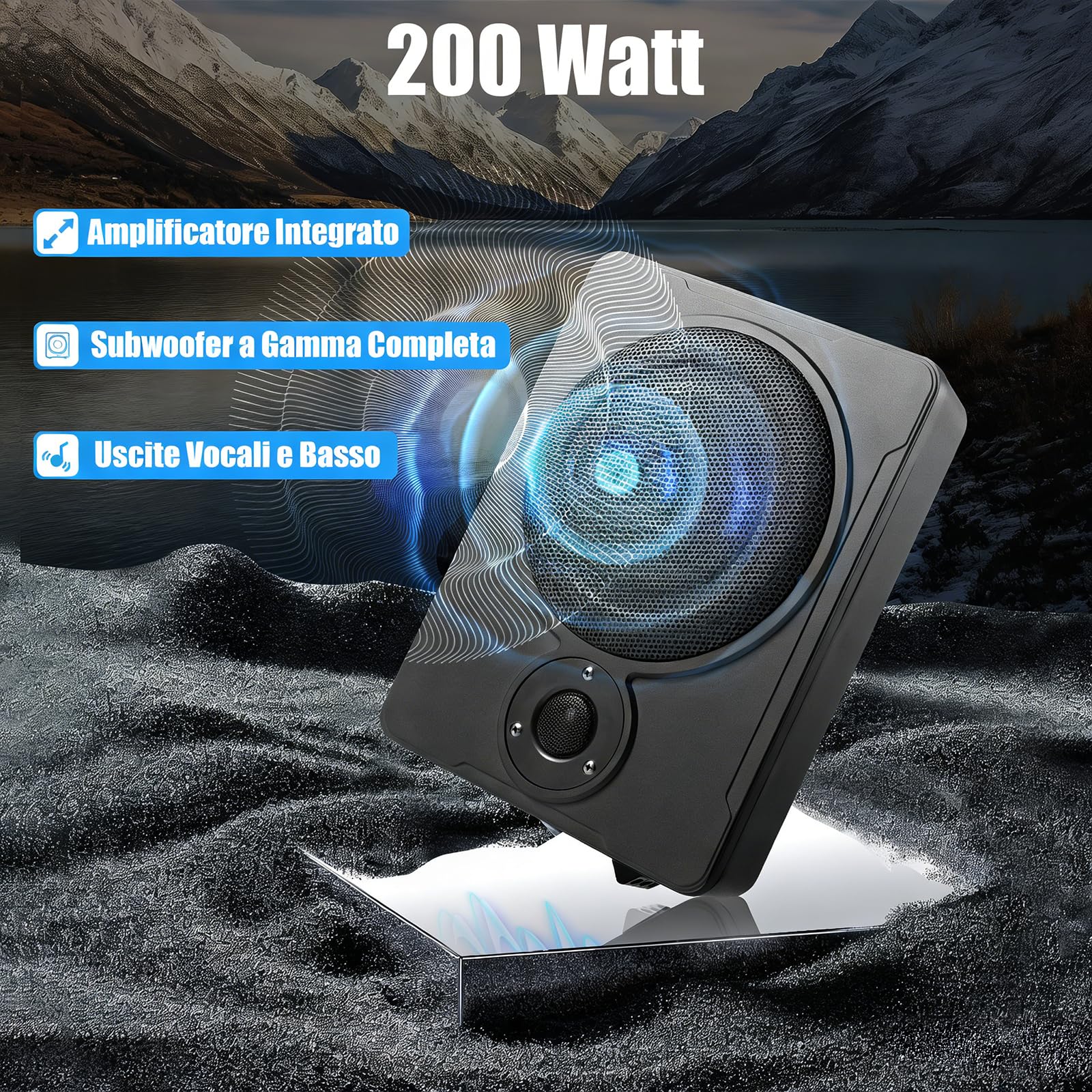 Subwoofer per auto da 8 pollici, 300W, compatto, amplificatore per auto con cavo remoto, altoparlanti attivi alti e subwoofer amplificatore,Con luce LED