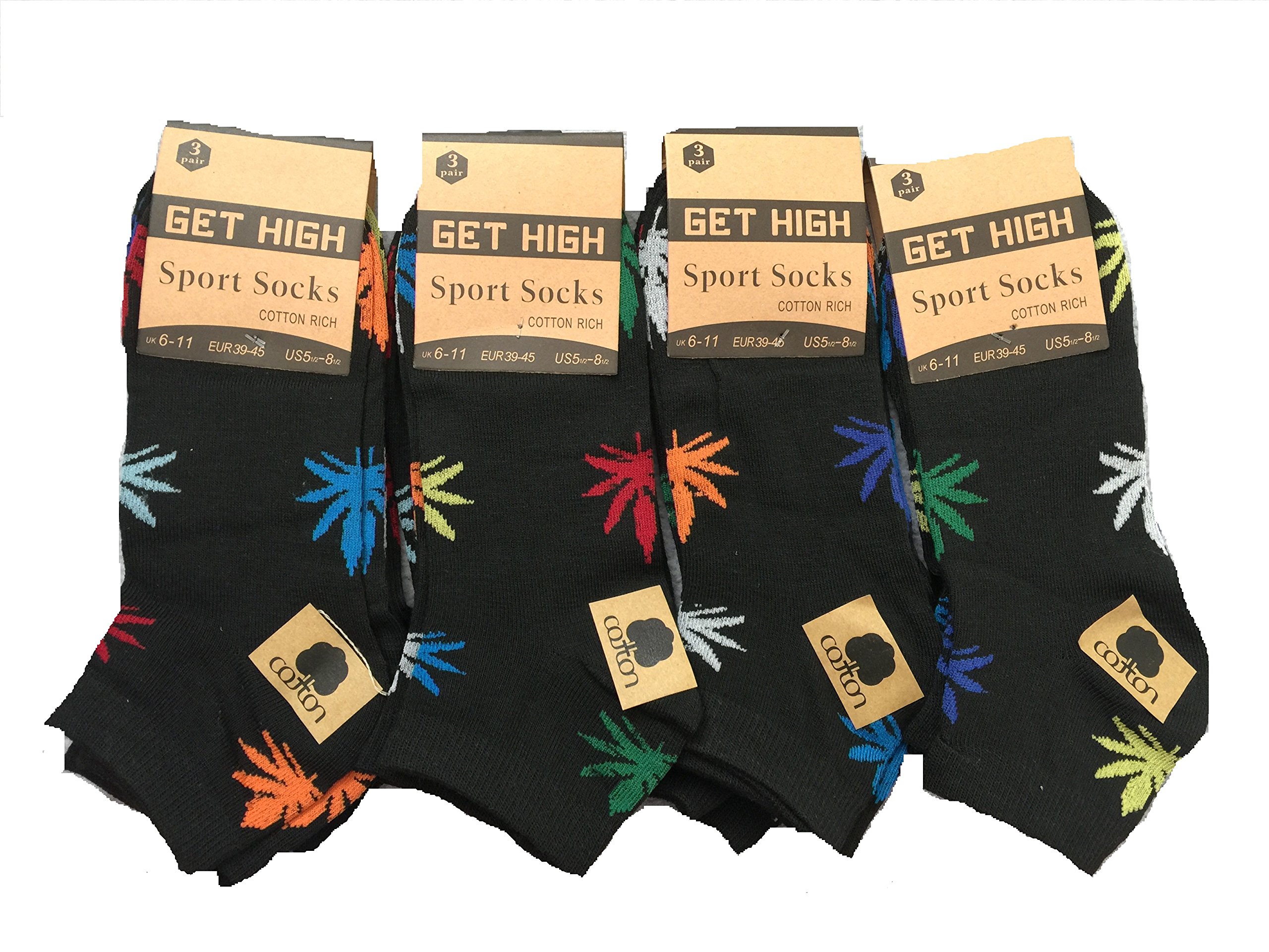Qz Fashion Unisex Color Leaf 6 Pairs Ganja Weed Leaf Ankle Line Trainer Socks Sport Socks Size Uk 6-11 (Color Leaf)