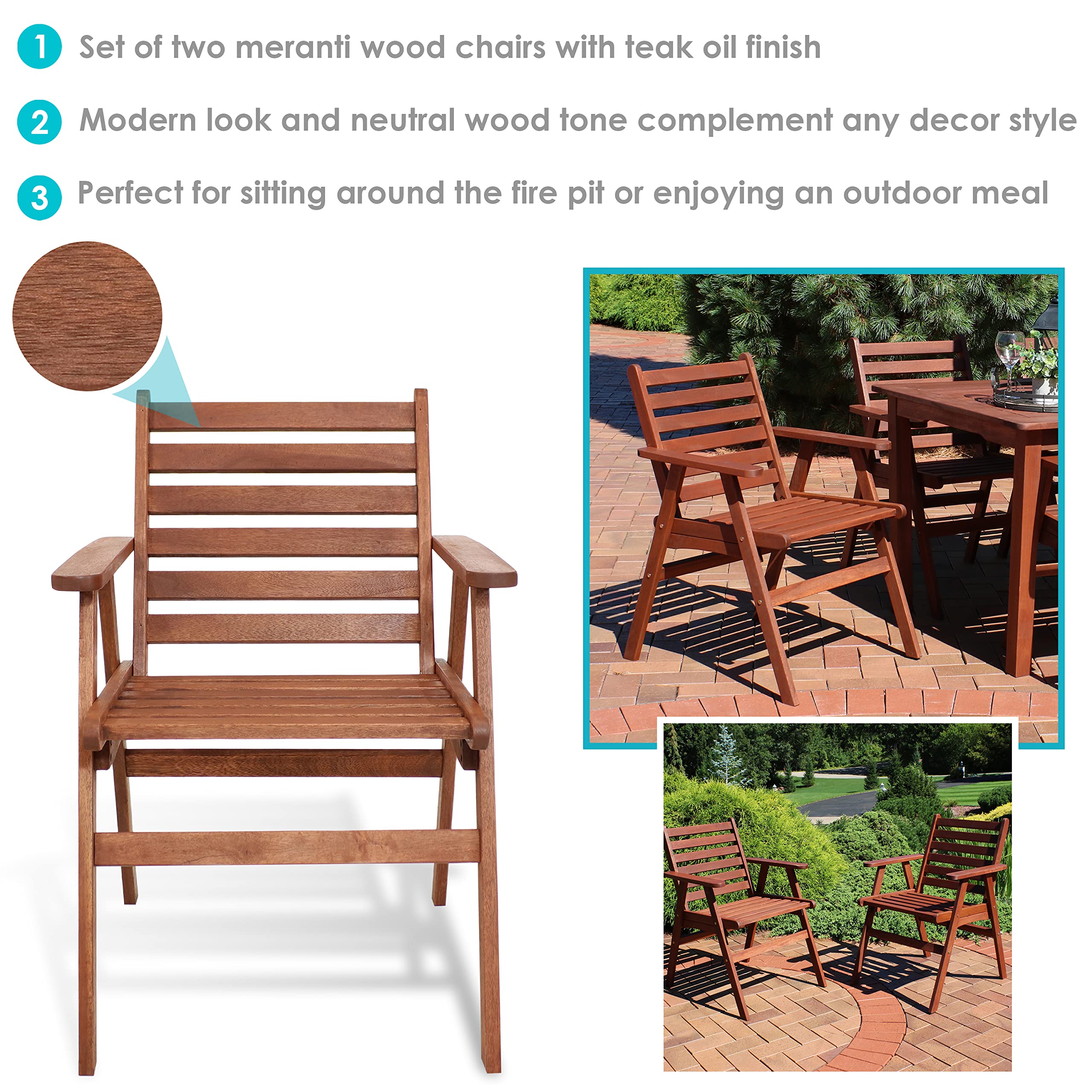 Meranti - Sillón de comedor de madera para exteriores con acabado de aceite de teca, juego de 2 4
