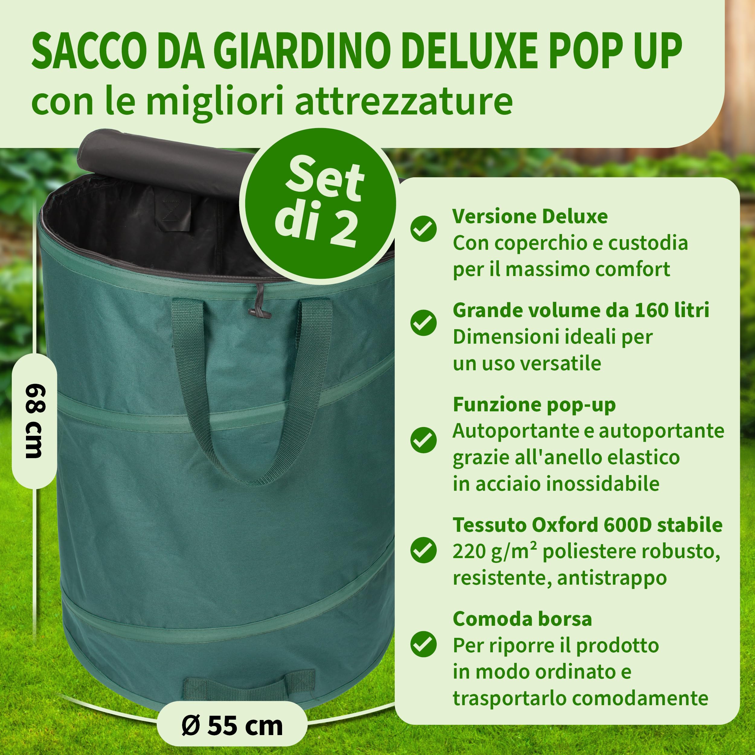 TTL Garden Sacchi da giardino Pop Up 160 l, Deluxe coperchio, 220 gsm, 600D Oxford, set 2 pezzi, 160 litri, pieghevole, extra stabile