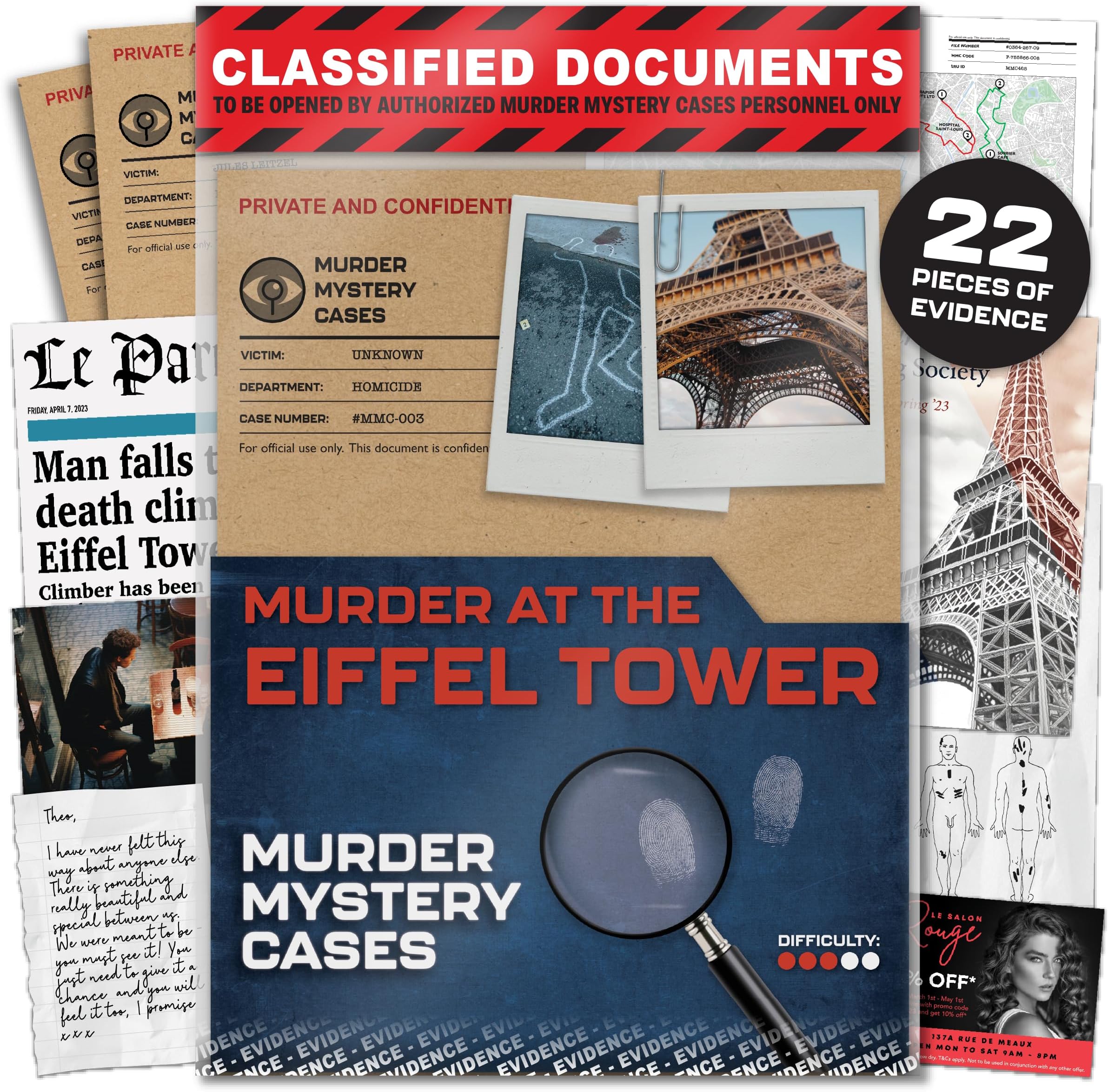 Lucky Egg MMC Death in The Eiffel Tower – Thrilling Murder Mystery Games for Adults in Paris – 22 Realistic Evidence Pieces, 150 Min Gameplay (3/5 Difficulty) – Cold Case Files Game for 1-10 Players