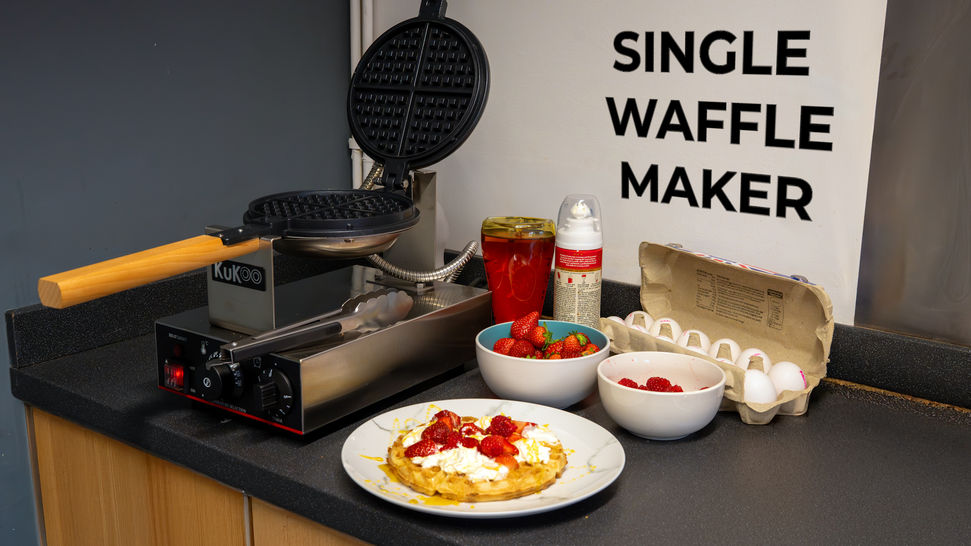 KuKoo Single Waffle Maker Machine Rotating Round Deep Fill Non