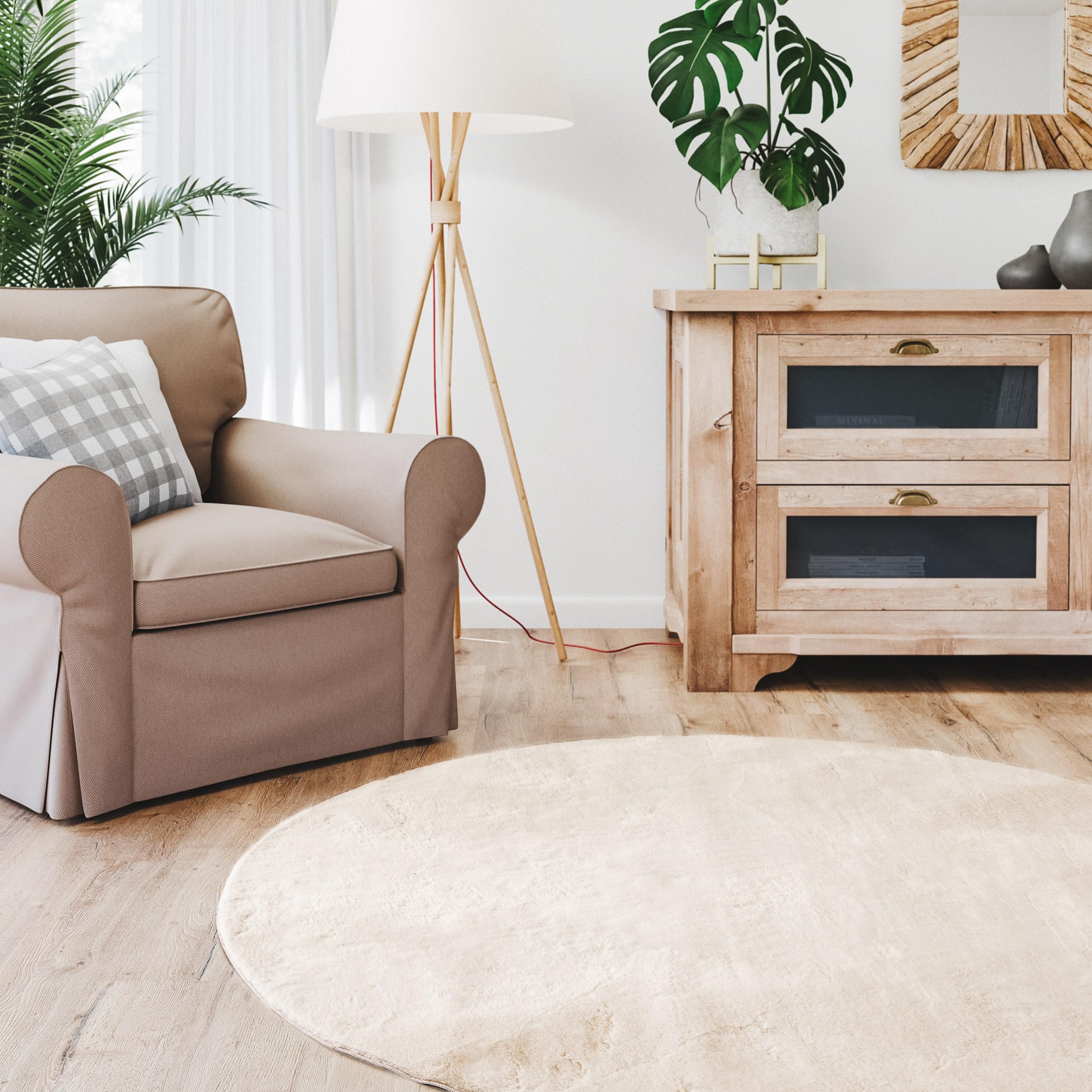 Interiyou Alfombra Salon Pelo Corto Fargo - 80x80 cm Redondo Beige - Felpa sintética esponjosa - Lavable y Antideslizante - Textura Suave Corta