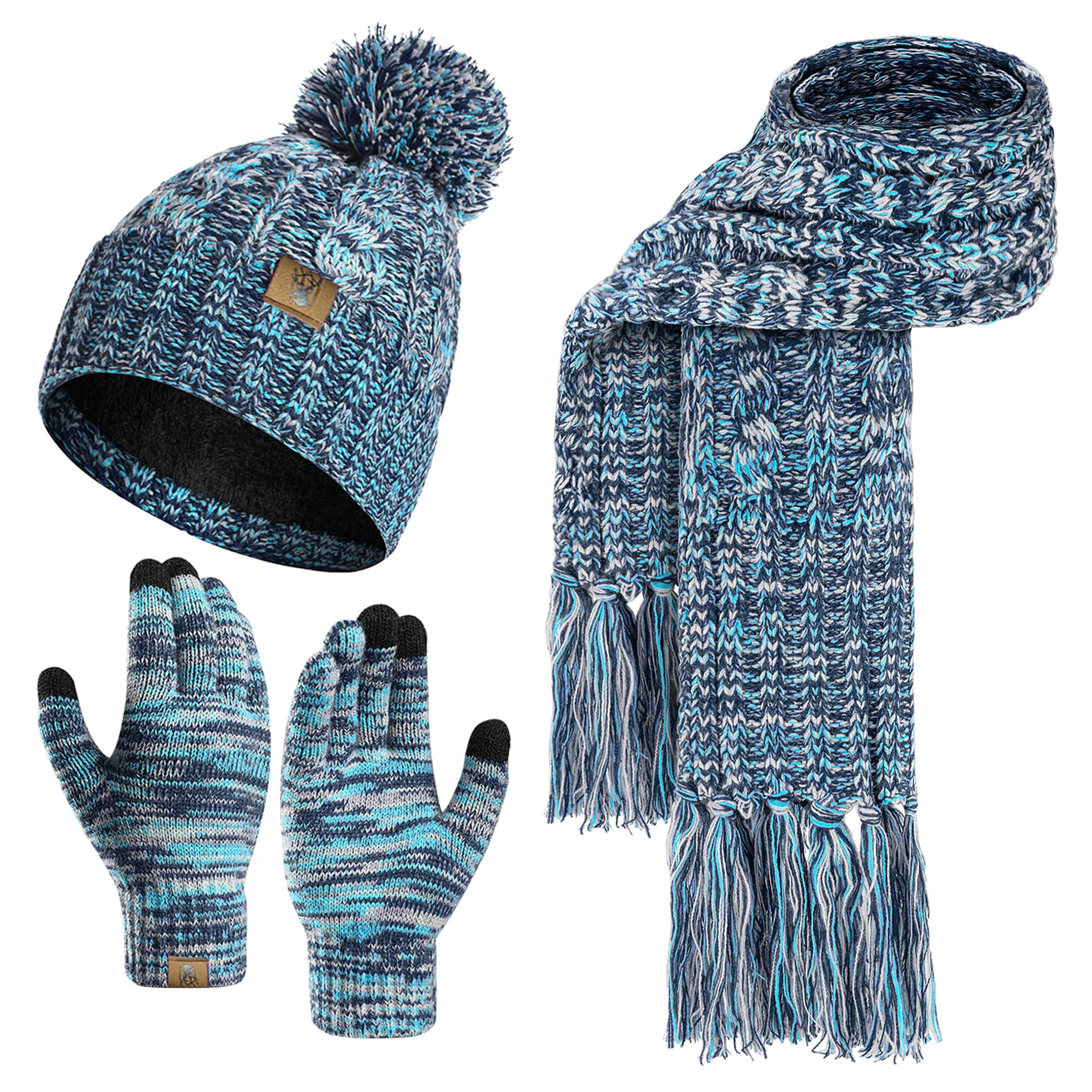 Guantes de la bufanda del sombrero de las mujeres Beanie Calentador de cuello largo Bufanda y guantes de pantalla táctil térmica Set 3 PCS Invierno Pom Cap Set Unisex Melange de punto Lago Azul