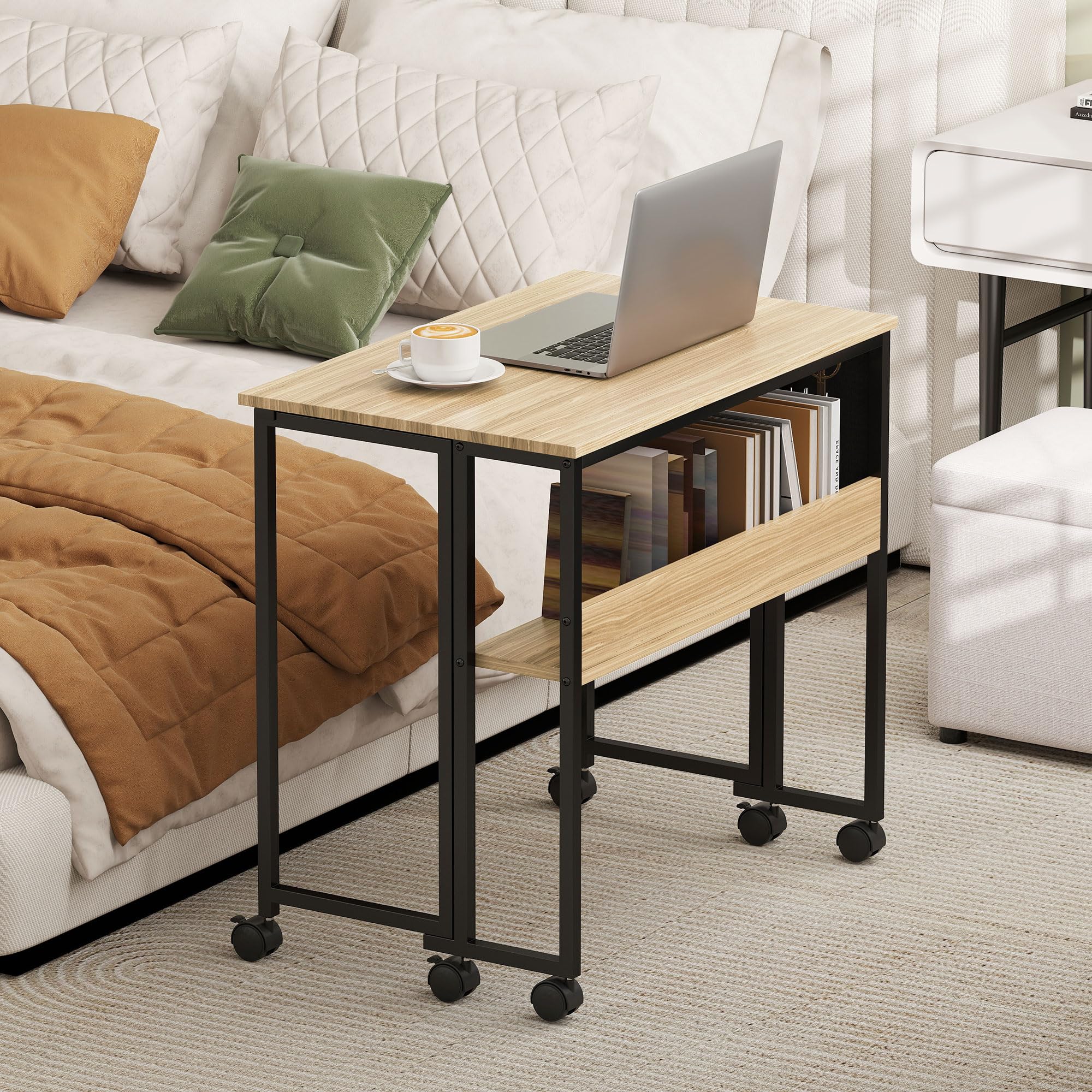 HOMCOM Escritorio plegable con ruedas, mesa de ordenador 80 x 50 cm con estante y bolsa de almacenamiento, mesa de estudio para oficina en casa, dormitorio, espacios pequeños, roble | Con estante y bolsa de almacenamiento, mesa de estudio, para oficina en
