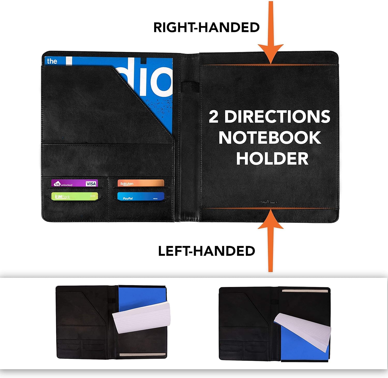 Wundermax Portfolio Binder - 12.8 x 9.8 x 0.6 Inch Vegan Leather Padfolio for Women and Men w/ Notepad, Pockets for Tablet, Resume and Documents - Black : Office Products