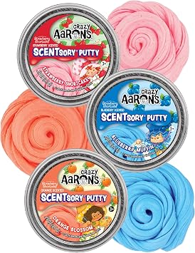 Crazy Aarons Scent Sory Putty Strawberry Shortcake, Orange Blossom and Blueberry Muffin Mini Tins Gift Sety Bundle - 3 Pack .29 oz Each