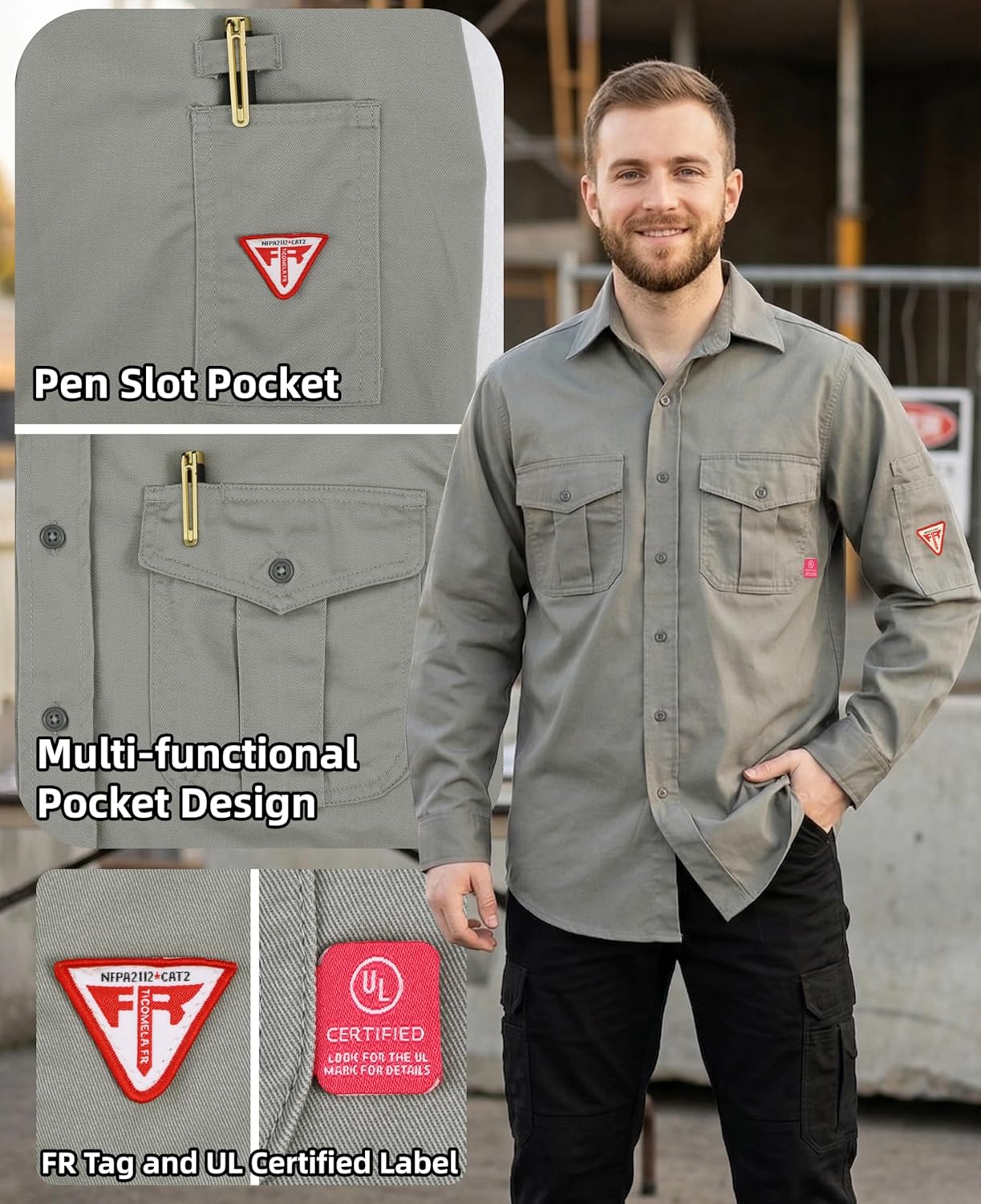 TICOMELA Men’s Mid-Weight FR Welding Shirt, 7.5oz 100% Cotton NFPA 2112 CAT2 – Flame-Resistant Button-Down Work Shirt
