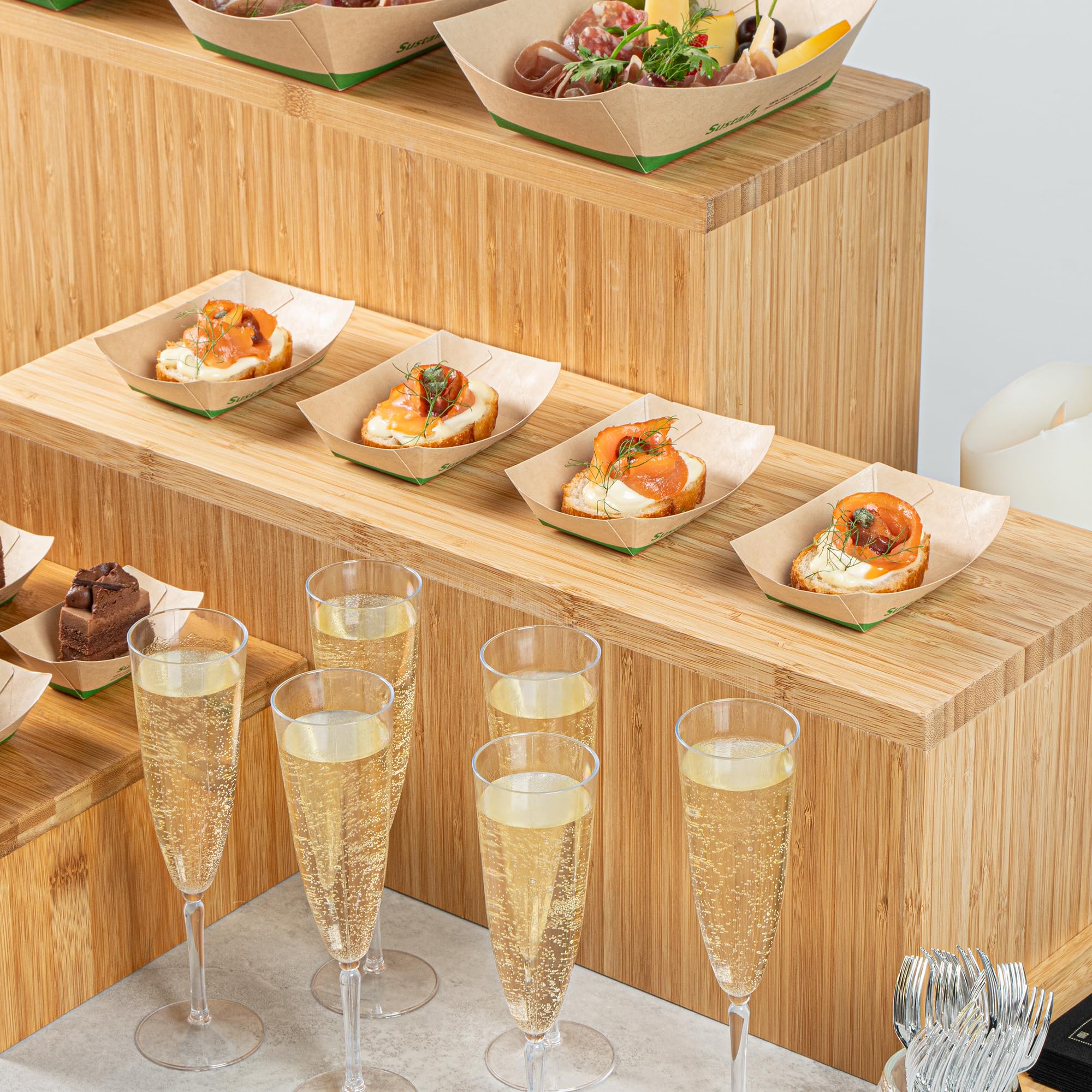 Restaurantware -Sustain - Barcos desechables de comida de 4 onzas, 50 bandejas de papel resistentes para alimentos, con forro de ácido poliláctico, compostables, bandejas de servir de papel de bambú
