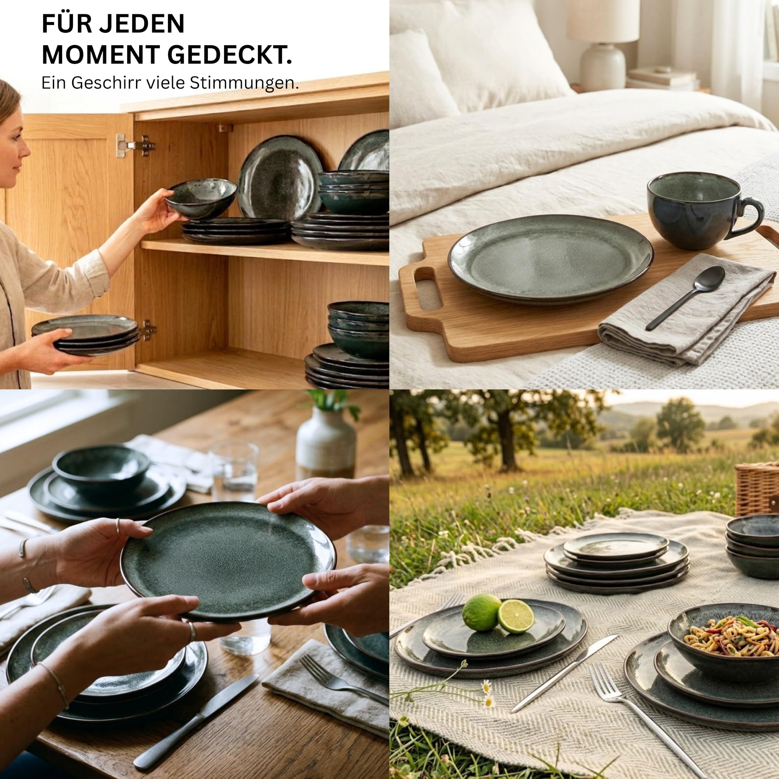 SÄNGER | Teller Set Kopenhagen 12 tlg, Steingut Geschirr Set 4 Personen, Tafelservice inkl. Essteller Frühstücksteller & Tiefe Teller, Speiseteller Set Spülmaschinenfest Grün Grau | PREMIUM COLLECTION