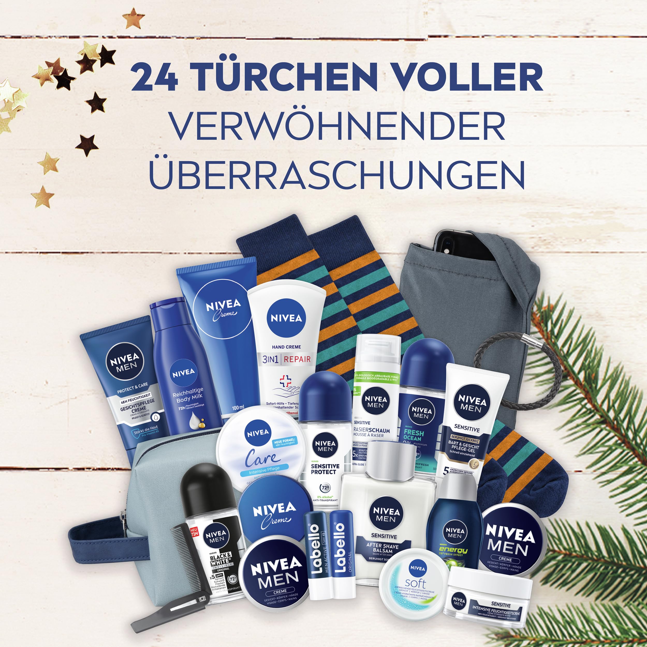 NIVEA MEN Adventskalender 2025-24 Türchen mit verwöhnenden Überraschungen, Weihnachtskalender mit Pflegeprodukten für die Adventszeit, NIVEA MEN, NIVEA und Labello Produkte