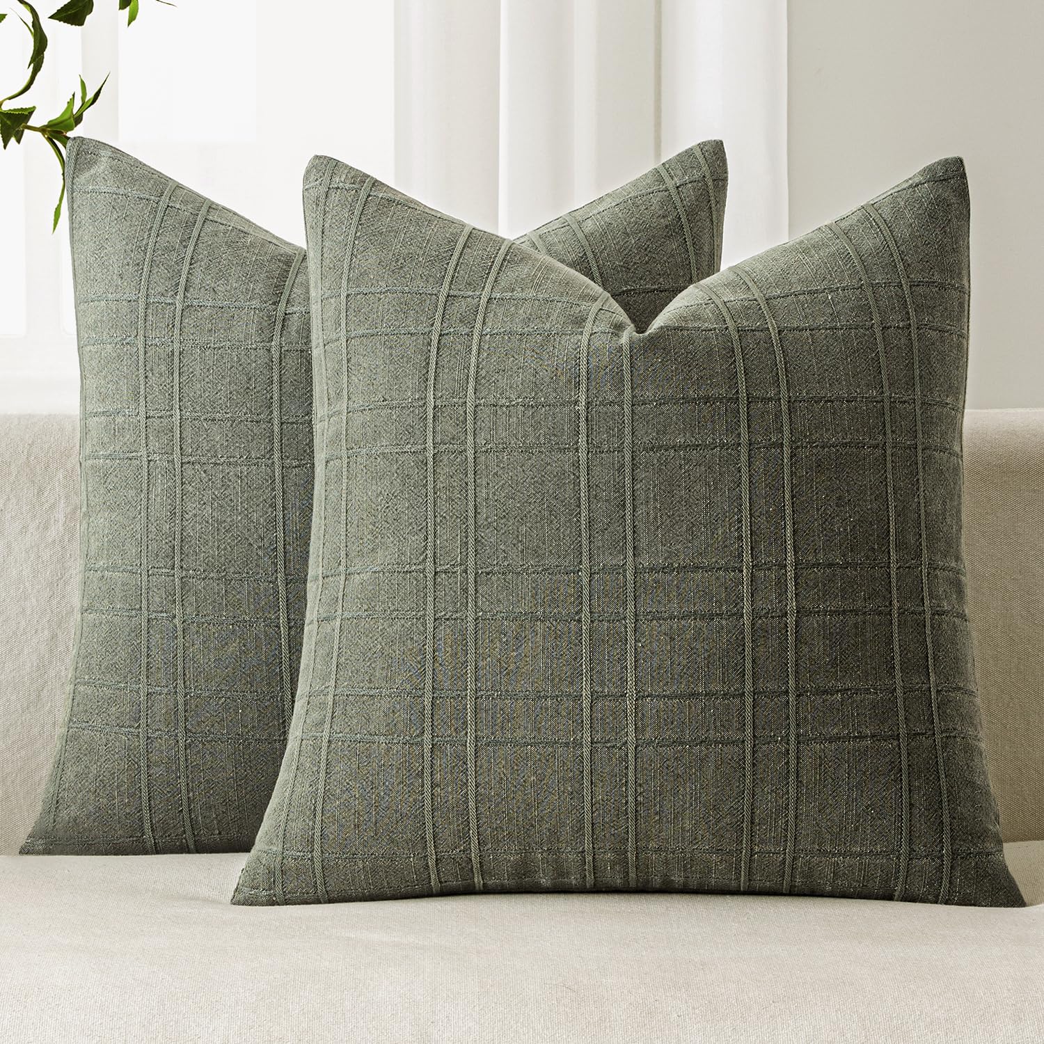 MIULEE Linen Plaid Pillow Covers Decorative 16x16 Olive Green