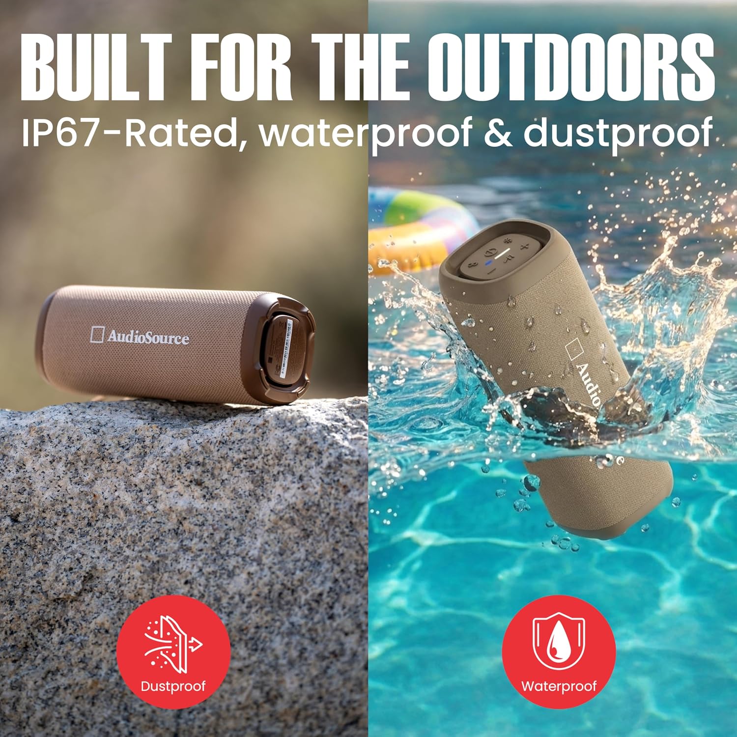 Audiosource Portable Bluetooth Speaker, 30W Loud Sound, Dual Passive Radiators for Deep Bass, Bluetooth 5.4, Auracast Multi-Speaker Pairing, IP67 Waterproof, 200ft Range, 12H Battery (Desert Tan)
