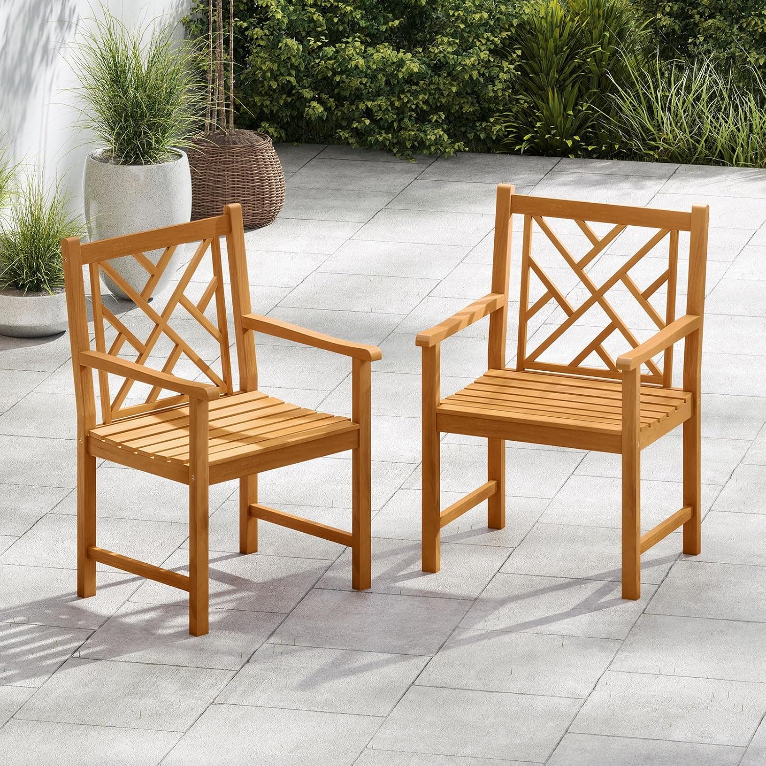 Tangkula Acacia Wood Patio Dining Chairs Set of 2, Outdoor Armchairs with Inclined Backrest & Slatted Backrest, Outside Conversation Chairs for Patio, Lawn, Poolside, Garden