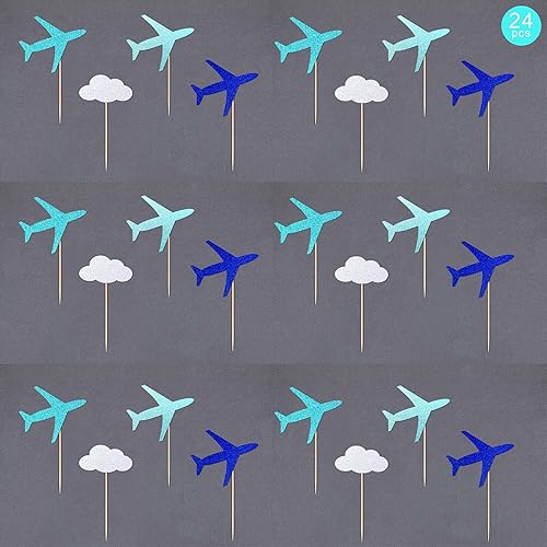Miniatura 3 de Gexolenu 24 piezas de adornos azules para cupcakes de avión con purpurina de doble cara para decoración de baby shower, boda, aniversario,