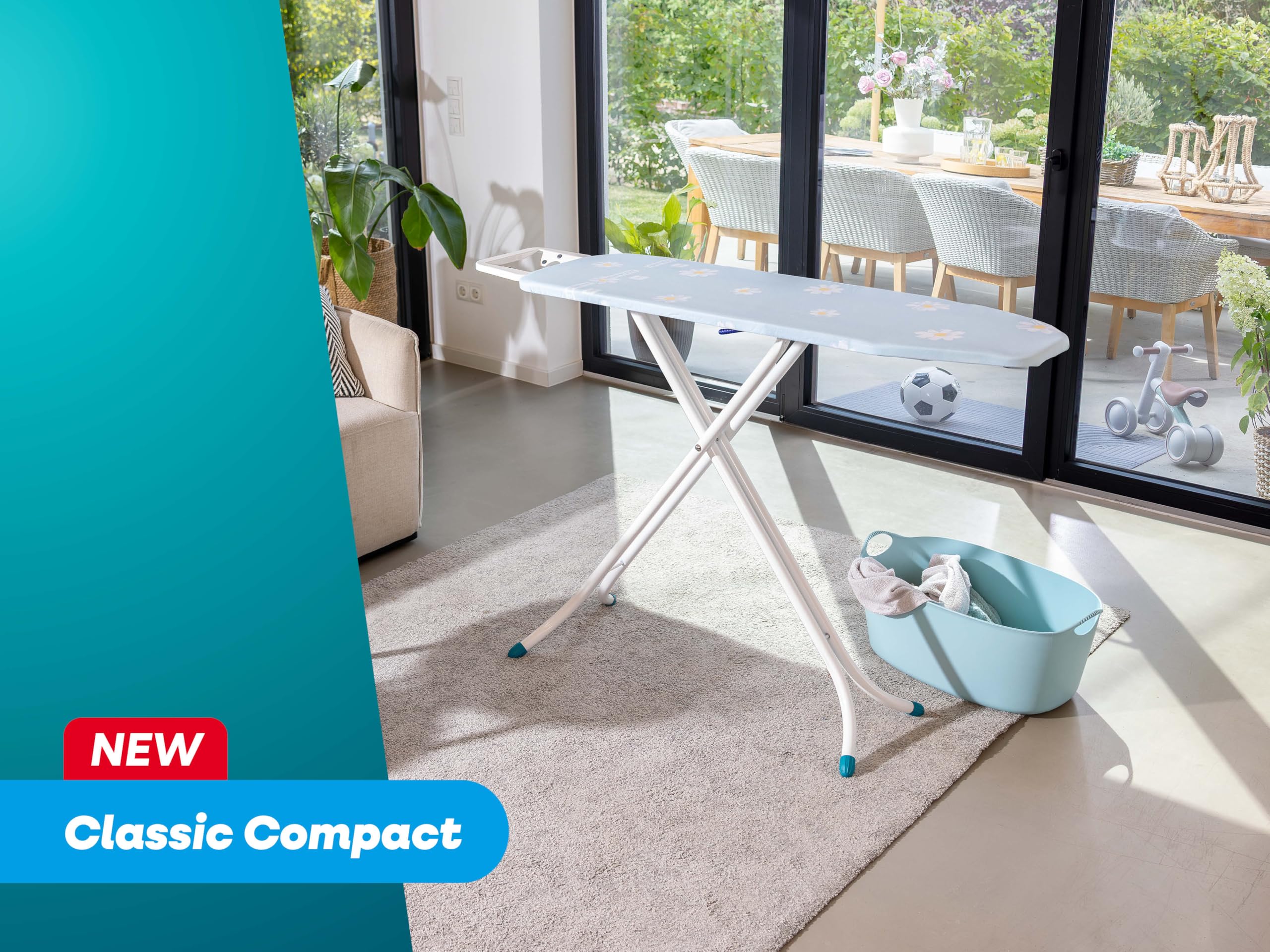 Leifheit Bügeltisch Classic M Compact, Bügelbrett mit 120 x 38 cm Bügelfläche, höhenverstellbar bis 96 cm, Feste Bügeleisenablage, stabiles Untergestell