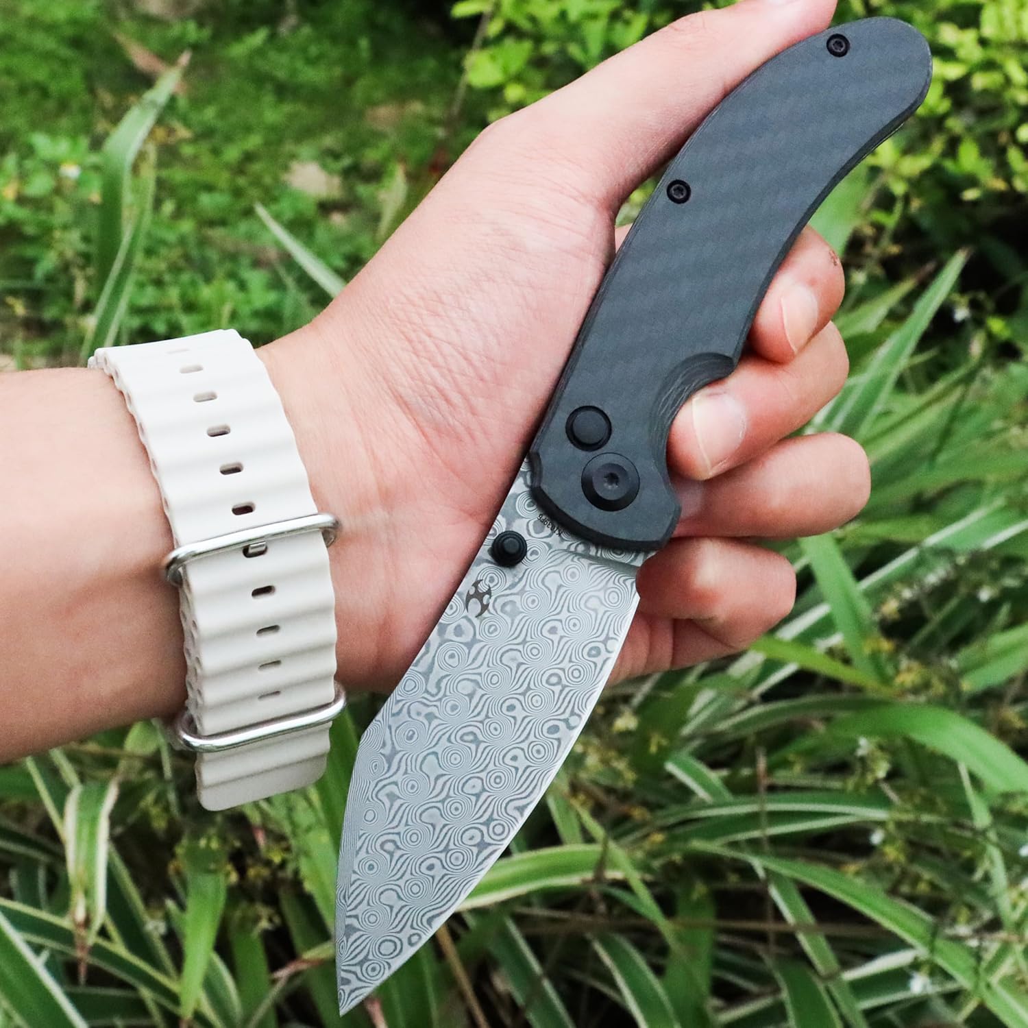 KANSEPT Nesstreet Button Lock Pocket Knife for Men EDC Camping - 3.58'' Damascus Material With Twill Carbon Fiber Handle - Everyday Carry K1039F6