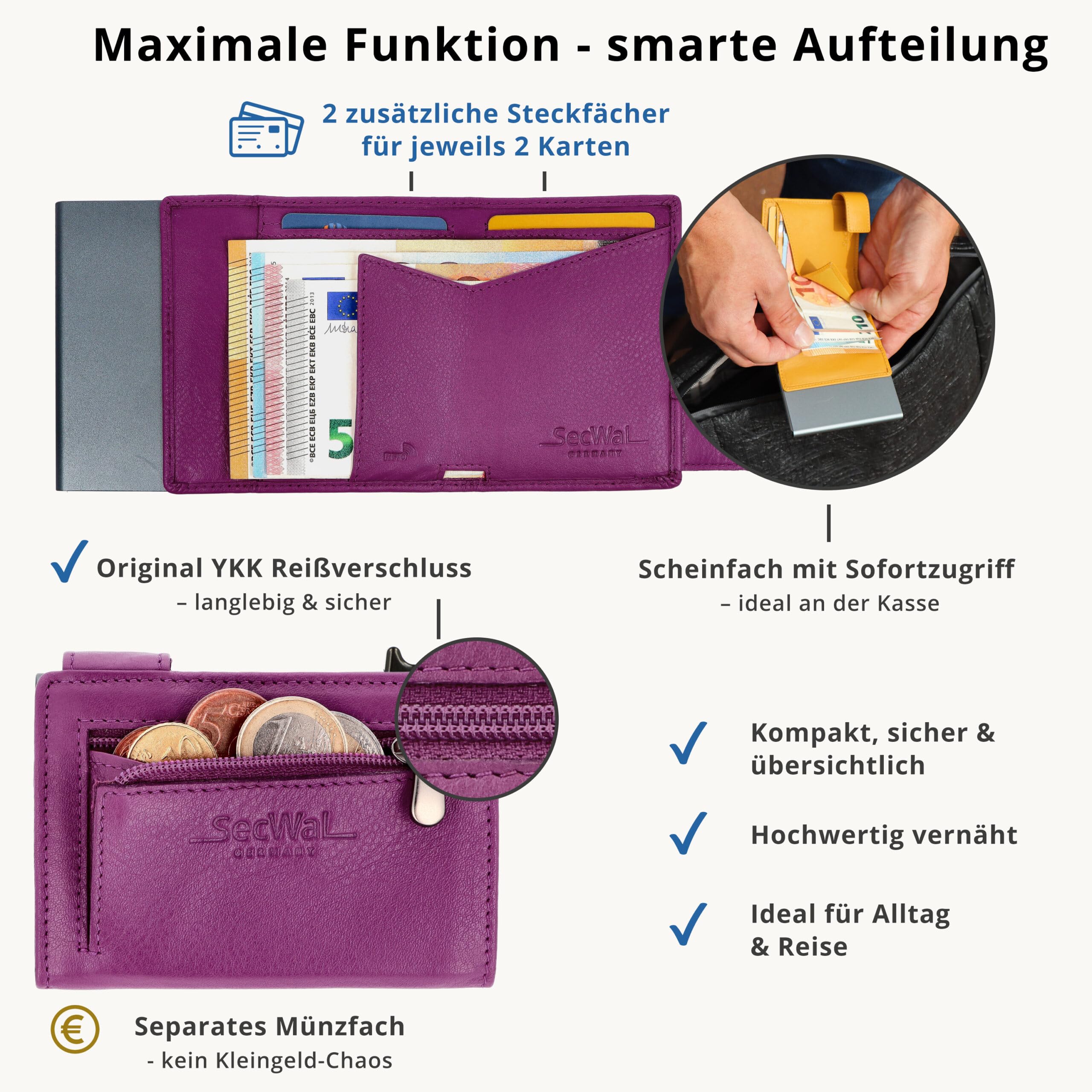 SecWal Kartenetui mit Münzfach Reißverschluss - Made in Germany - Echtleder Mini Geldbörse inkl. E-Book für Damen und Herren - RFID Schutz Portemonnaie Leder - Geldbeutel klein (9,5cm x 7,0cm x 2cm)