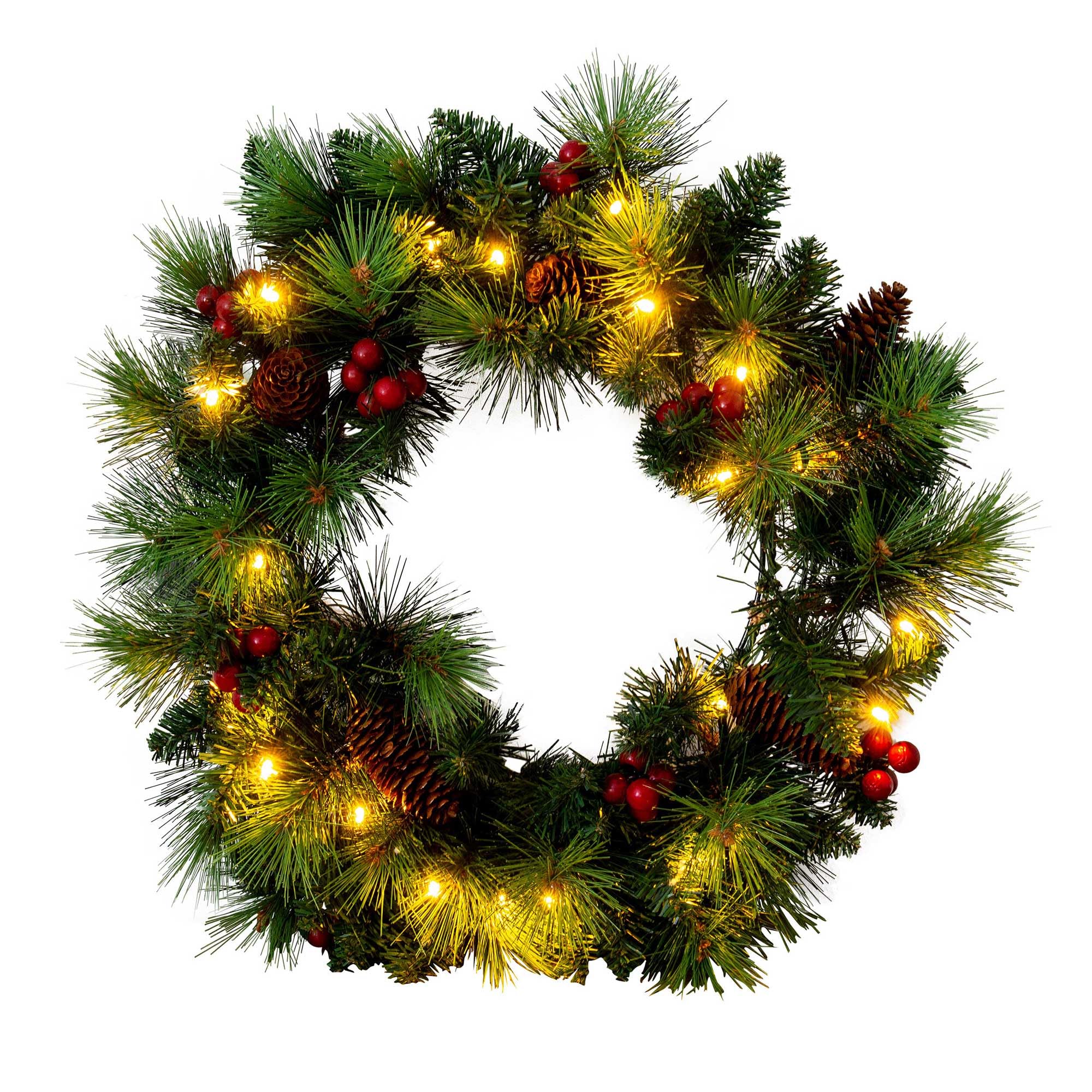 RABURG Deko-Weihnachtskranz Noel, 35 cm, LED-Lichter, rote Beeren-Optik | Ø 35 cm, Timer-Funktion, warmweißes Licht, IP44 geschützt, rote Beeren-Optik, goldene Kugel-Optik