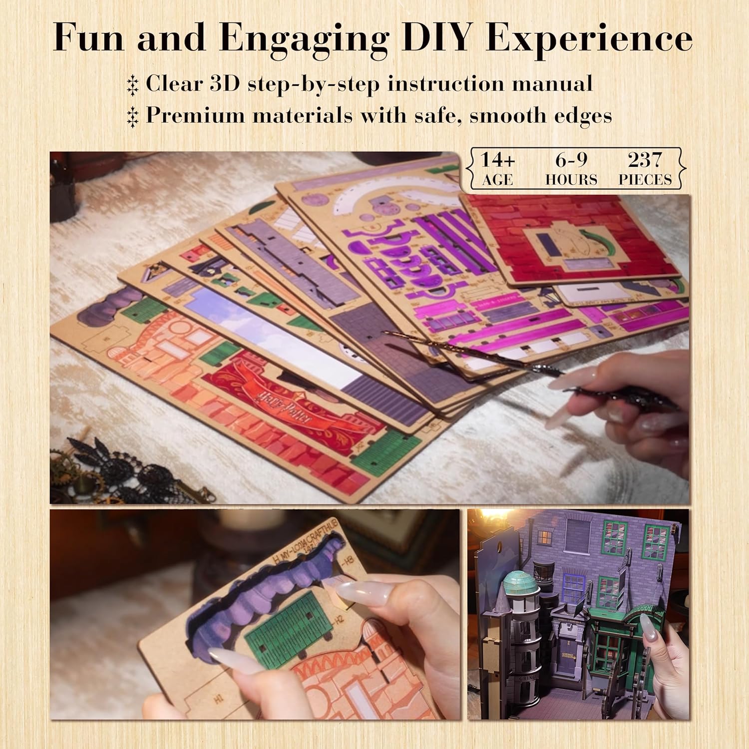 Harry Potter Diagon Alley Book Nook Kit – DIY 3D Wooden Puzzle with LED Lights | DIY Bookshelf Decor | Wizarding World Collectible & Magical Home Decor - Miniature Craft Gift for Kids and Adults