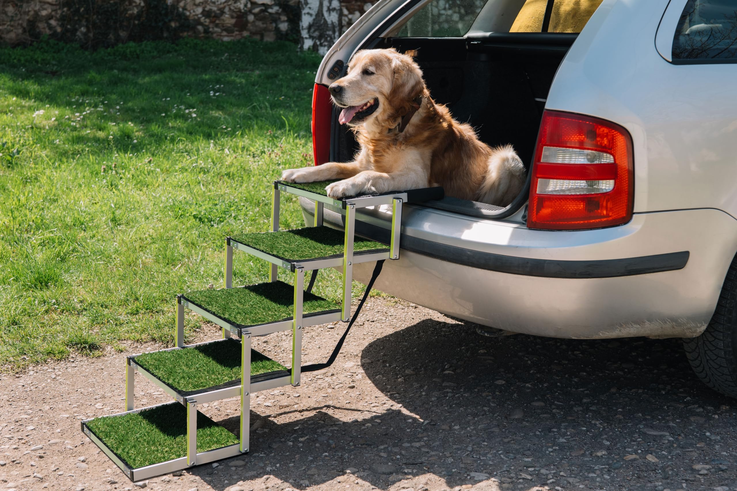 Hundetreppe Auto Klappbar - Hundetreppe Große Hunde - Anti-rutsch Kunstrasen Einsatz - Leuchtende Leitmarkierung - Gelenkschonende Einstiegshilfe Auto Hund - Hundeleiter Faltbar - Zu 77kg - 5 Stufen