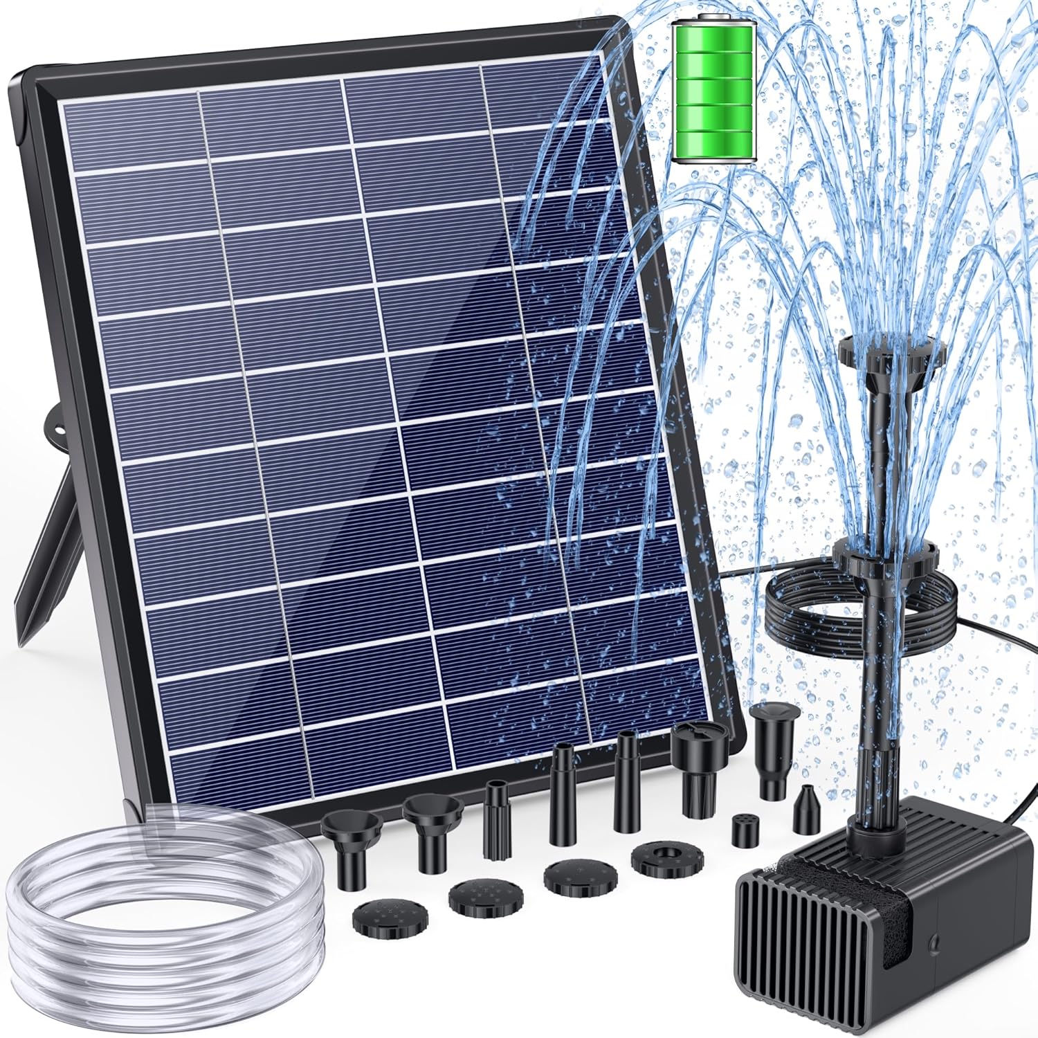 POPOSOAP 6.5W Solar Fountain Pump for Bird Bath Built-in 2400mAh Battery Backup, DIY Solar Water Fountain with Double-Layer Nozzles & Dry-Run Protection 5Ft Tubing for Ponds, Bird Bath, Water Features