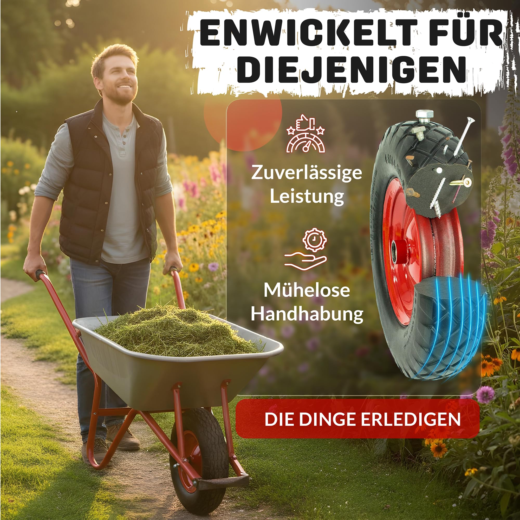 Schubkarrenrad Vollgummi 4.80/4.00-8 | PU Pannensicher | Universal Reifen für Schubkarre | Stahlfelge 200 kg Traglast | Laufruhig & Wartungsfrei | inkl. Achse & Schutzhülsen| Ersatzrad für Karren Wage