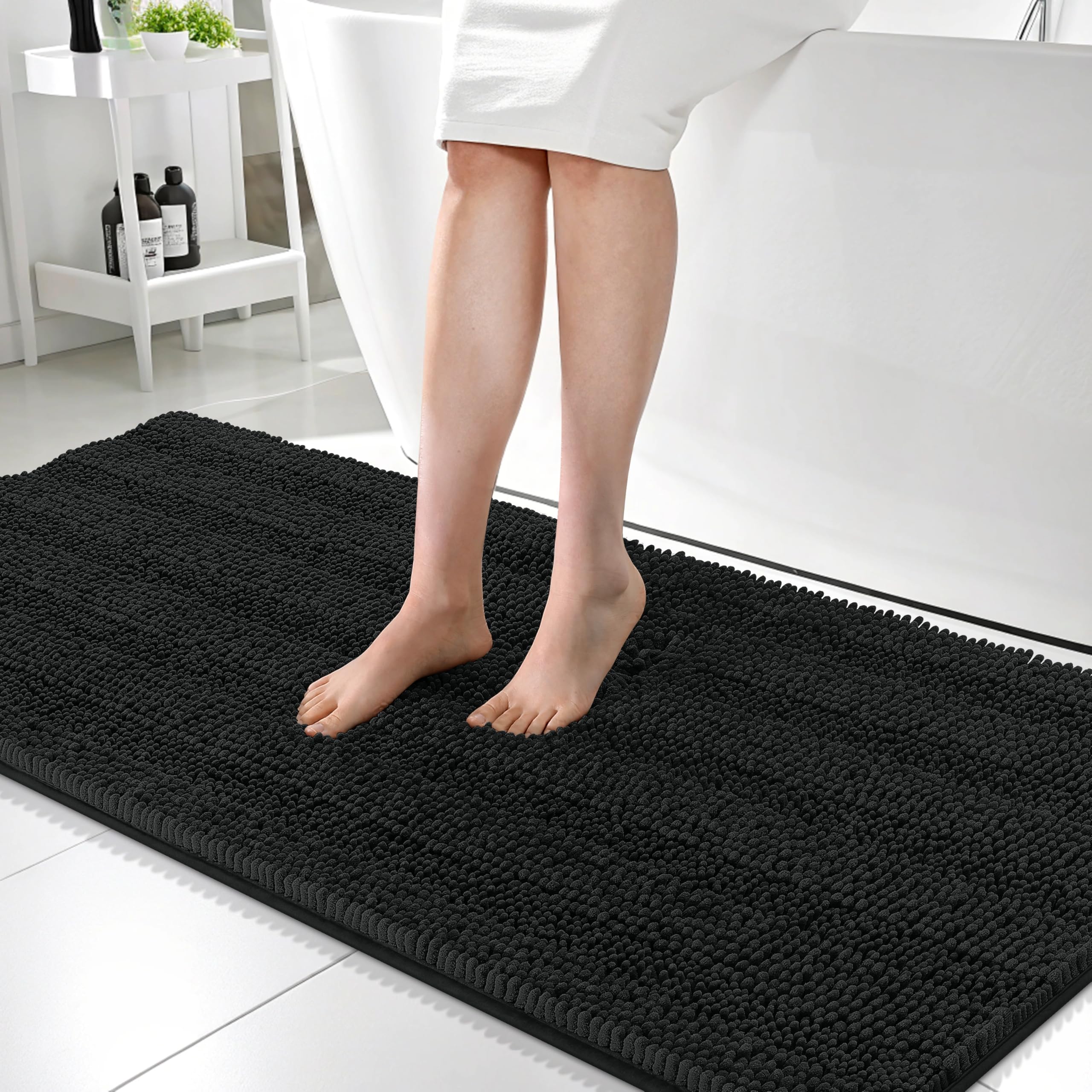 OLANLY Thick Bathroom Runner Rugs 59x24, Chenille Long Bath Rugs, Black