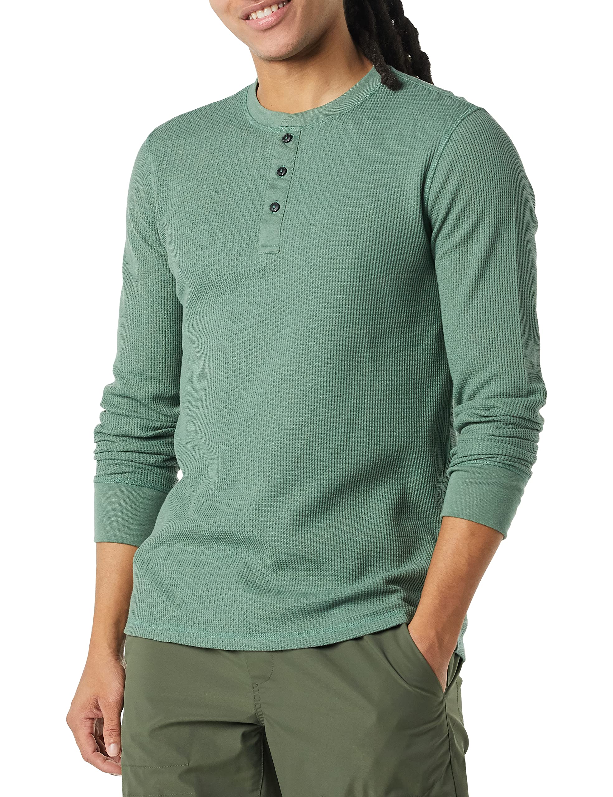 Amazon Essentials Men's Regular-Fit Long-Sleeve Waffle Henley Shirt, Green, S