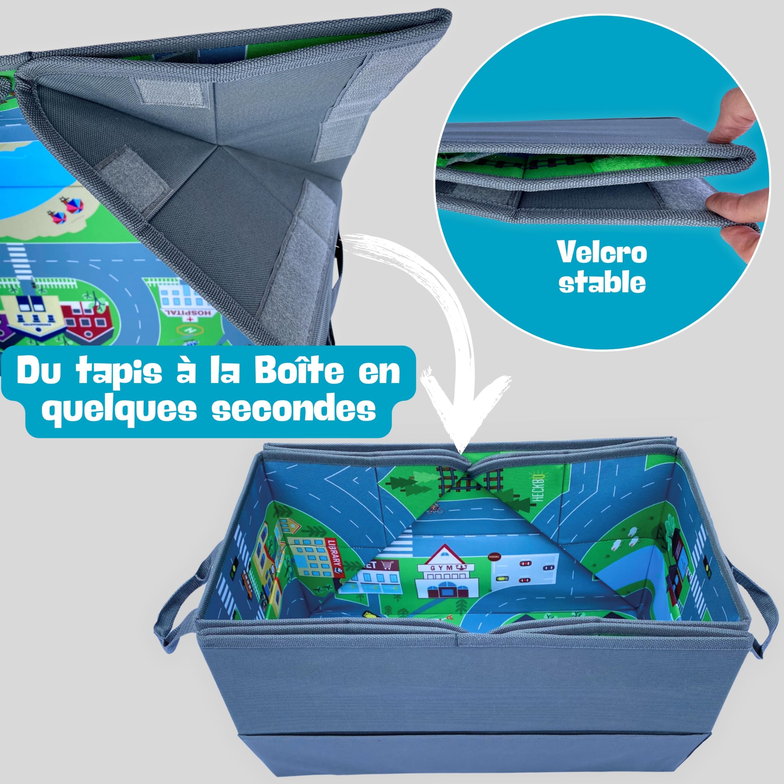 HECKBO Organisateur de voiture et tapis de jeu 4 en 1 - Boîte de rangement de jouets pour enfants - Tapis de jeu pliable avec motif de rue - Fixation sûre dans la voiture, 91cm x 72cm