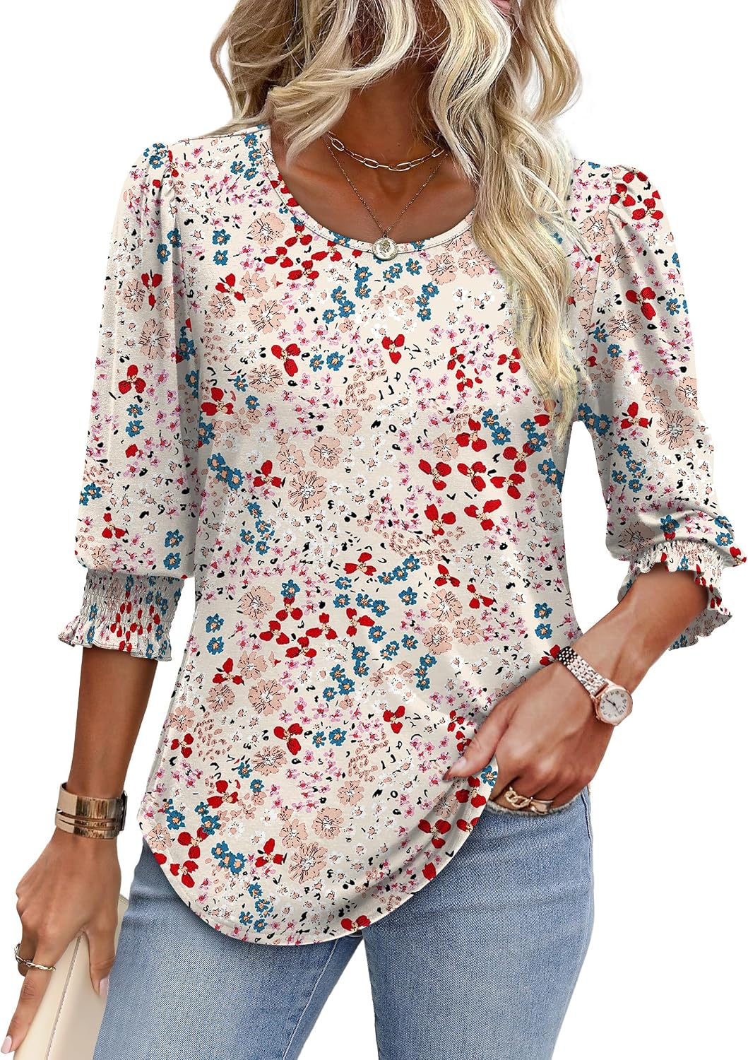 Blouses for Women Dressy Casual 3/4 Length Sleeve Womens Tops with Smocked Cuffs thumbnail