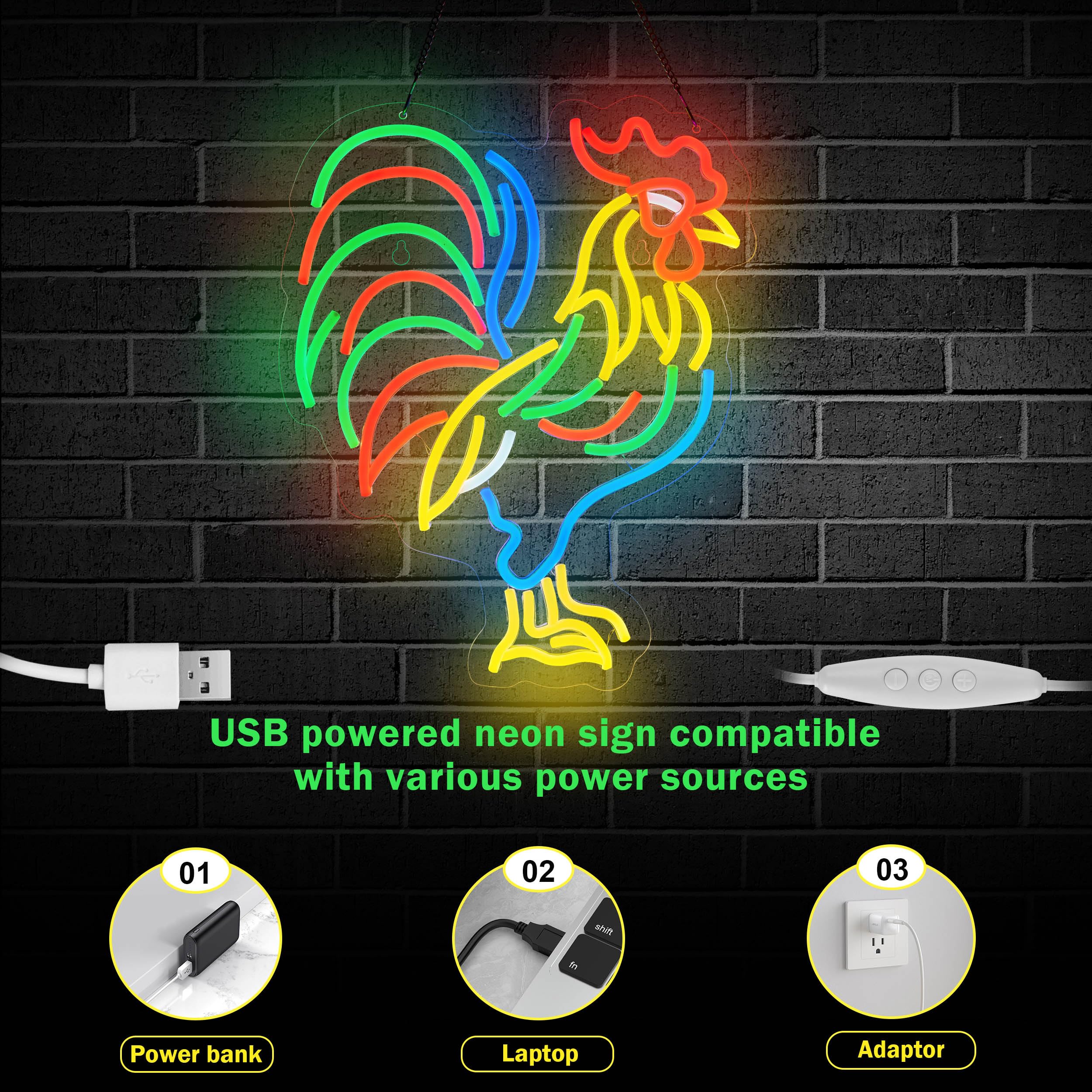 Roouneon Letrero de neón de gallo para decoración de pared, letreros LED de pollo con interruptor regulable, luz de decoración artística para hombre, cueva, cerveza, bar, sala de juegos
