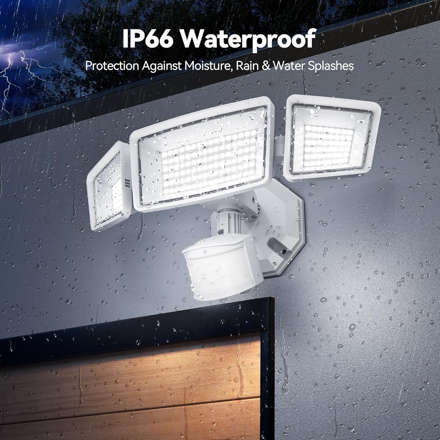 TECKNET Flood Light with IP66 waterproof rating, showing water droplets on the fixture