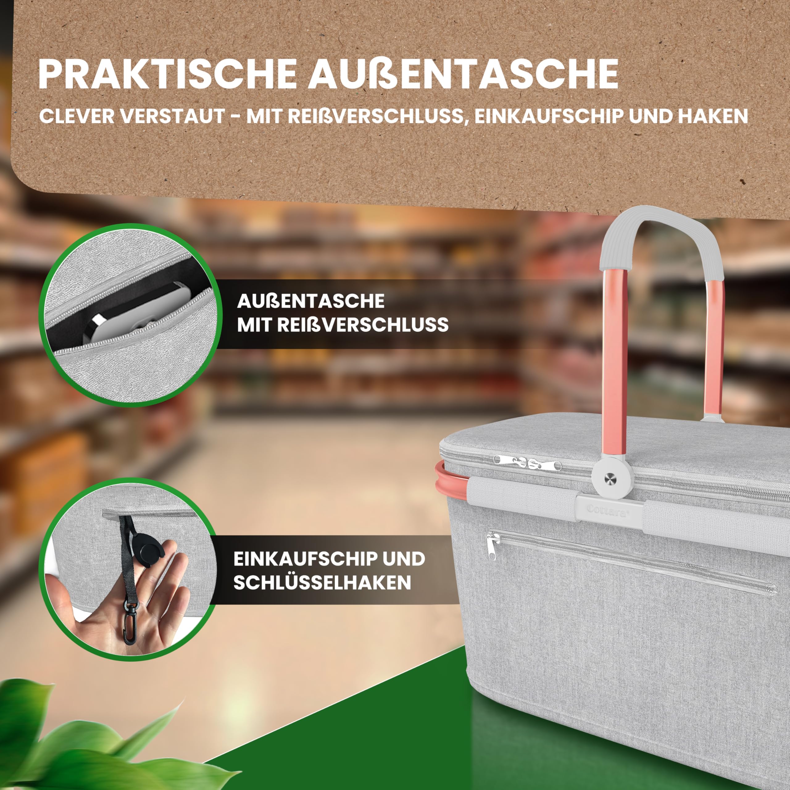 Cottara® Grand panier isotherme avec couvercle, fond renforcé, compartiment avant avec fermeture éclair, idéal comme panier isotherme ou panier de pique-nique (gris clair rose)