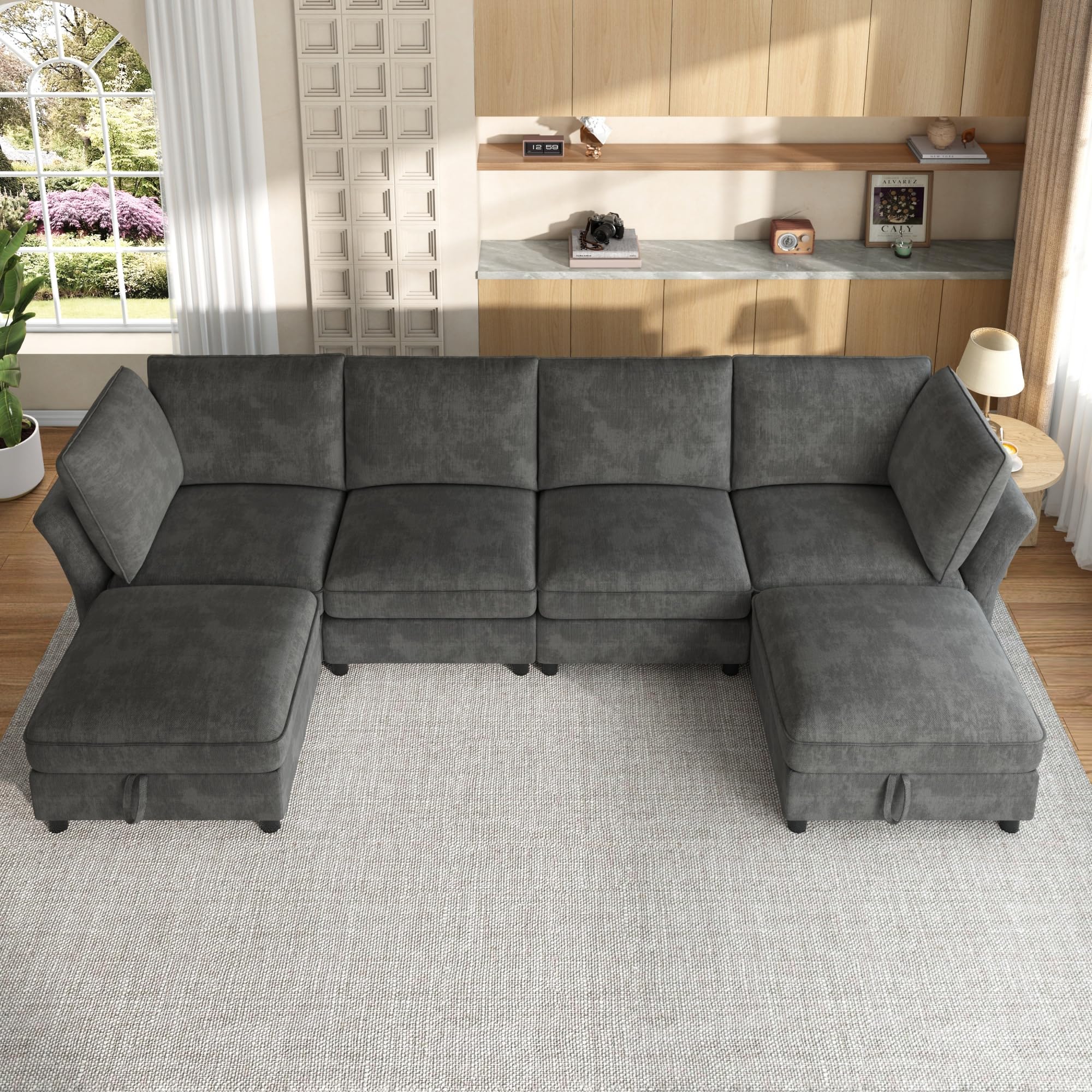 Idemon Sofá esquinero modular en forma de U/L, sofá de 6 plazas con taburete de almacenamiento, diseño de nube, tela de chenilla, adecuado para salón, apartamento y dormitorio, color gris.