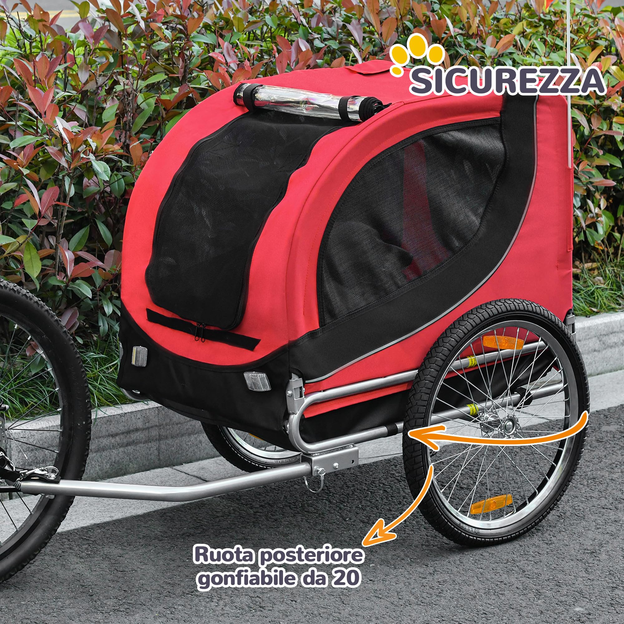 PawHut Carrellino Rimorchio per Cani Animali Domestici da Bicicletta 130 x 73 x 90cm Rosso e nero