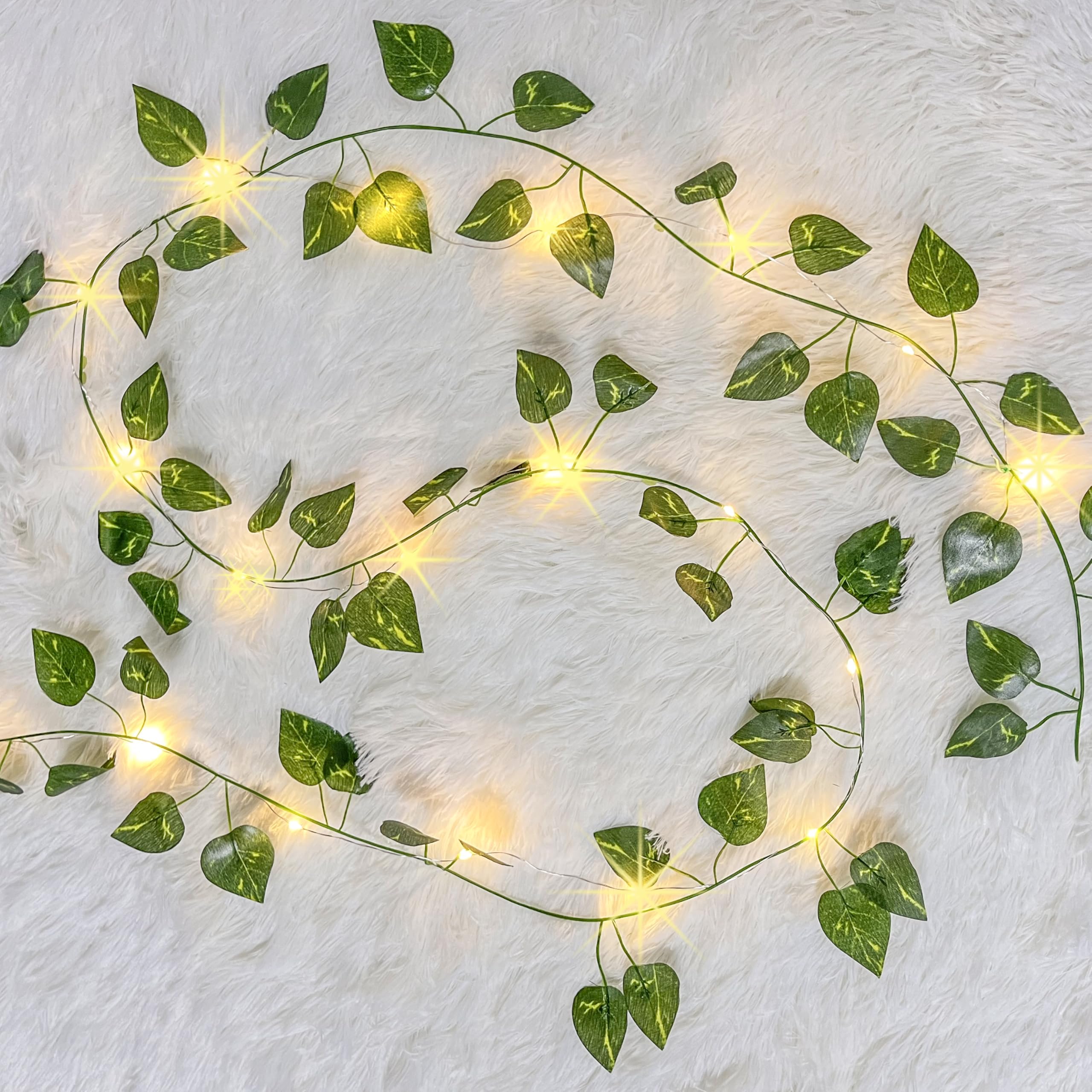 2 Pack 6.56Ft Fake Foliage Garland with 20 LED Fairy String Lights, Artificial Ivy Leaf Garland Artificial Greenery Ivy Vine Plants Hanging Vine Faux Flowers Decoration for Indoor, Outdoor, Kitchen