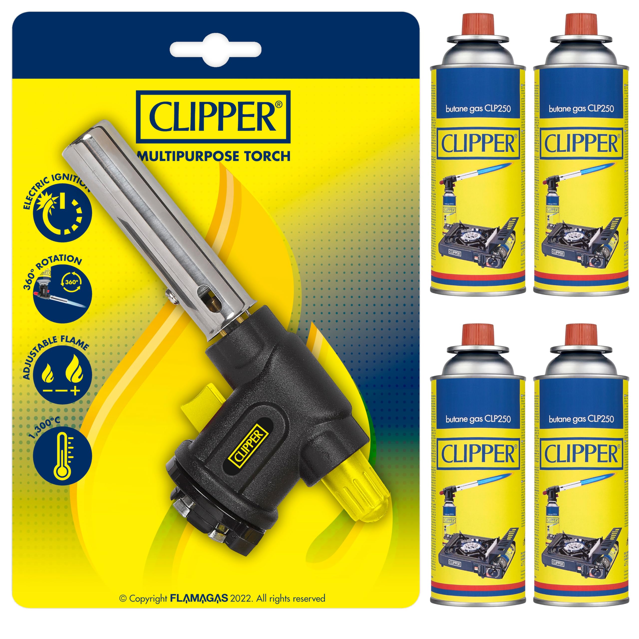 Clipper - Multipurpose Torch + 400 ml Universal Gas Cartridge (4 Units) | GLP250 Valve | Ideal for Flaming, Caramelizing and BBQ Use | Kitchen & Camping