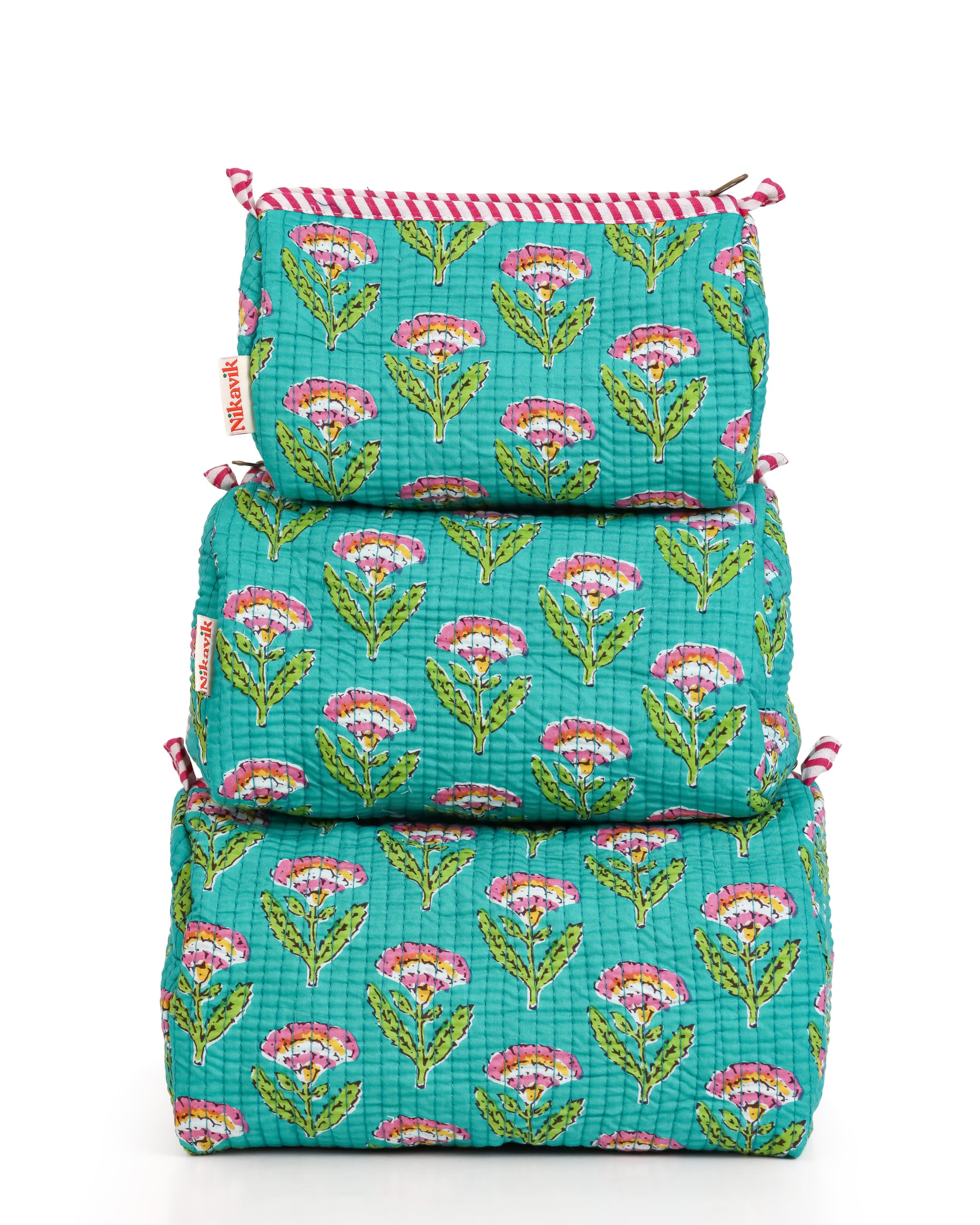 Set of 3 Quilted Cotton Pouches | Travel Cosmetic Organizer Bags | Printed Zip Storage Pouch for Makeup, Toiletries, Accessories (Aqua Blue Pink)-image-40