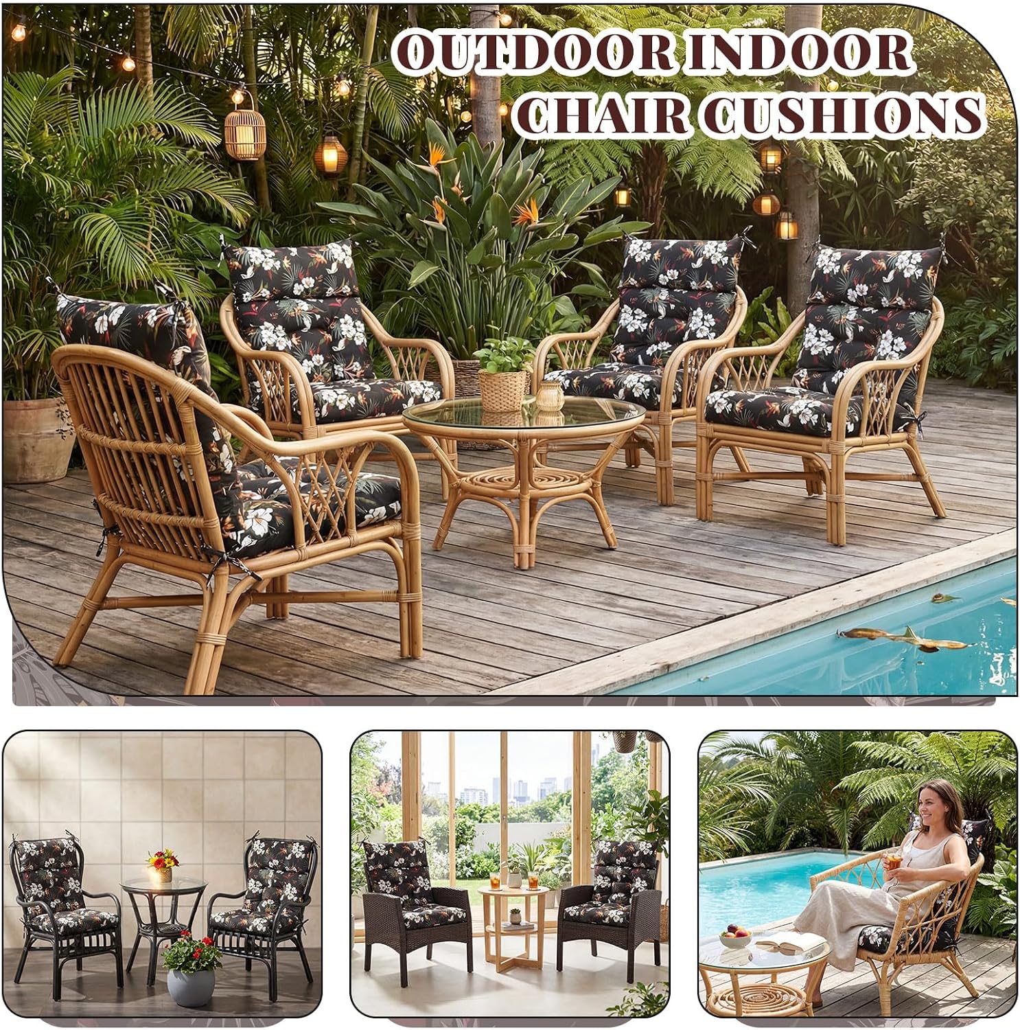 Sintuff 4 Pcs 44 x 21 x 4 Outdoor Chair Cushion Patio Chair Cushions Seat/Back Tufted Pillow with Ties Water Resistant Replacement Indoor Patio Furniture Outdoor Furniture (Fern Leaves,Black)