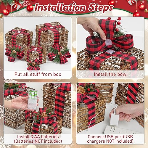 Miniatura 6 de LAWOHO Un juego de tres cajas de regalo de iluminación de Navidad de 12.2 pulgadas, cajas de regalo de ratán de imitación marrón con lazo,