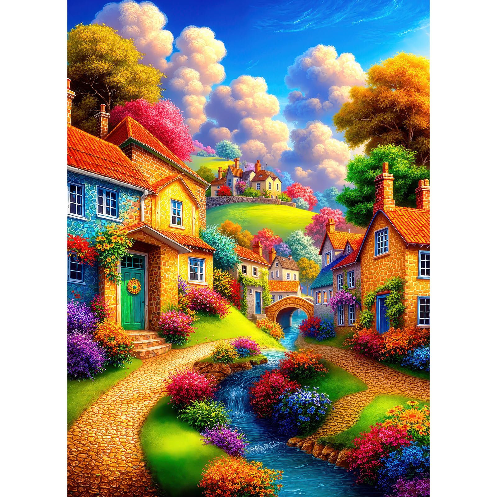 500 Piece Jigsaw Puzzle for Adults - Colorful Enchanted Village Fantasy Landscape Challenging 500pcs Adult Brain Teaser Whimsical Cottage Wall Decor Gift (Stream)