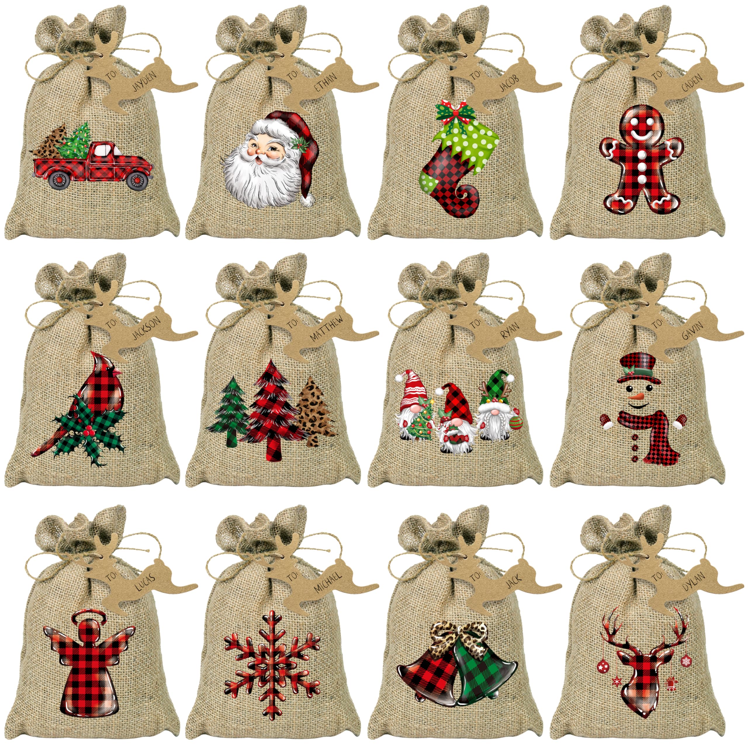 BORAMDO Bolsas de regalo de arpillera de Navidad con cordones, 24 unidades, diseño de cuadros de búfalo de acuarela, 12 diseños, bolsas de regalo de Navidad, pequeñas bolsas de dulces de Navidad para