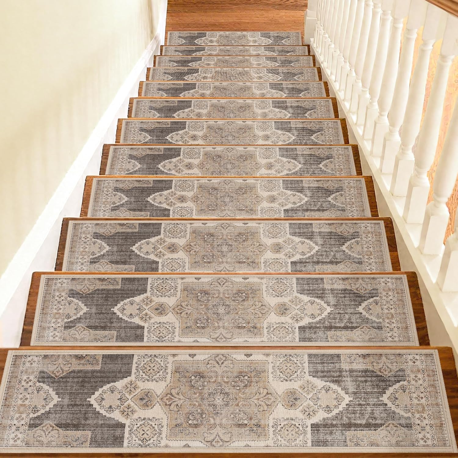 Non Slip Stair Treads for Wooden Steps Indoor, Light Grayish Beige, 15pcs, 30″X8″, Soft Carpet Mat, Machine Washable Boho Carpet Treads with Reusable Backing, Safety Stair Tread for Dog, Kid, Elder