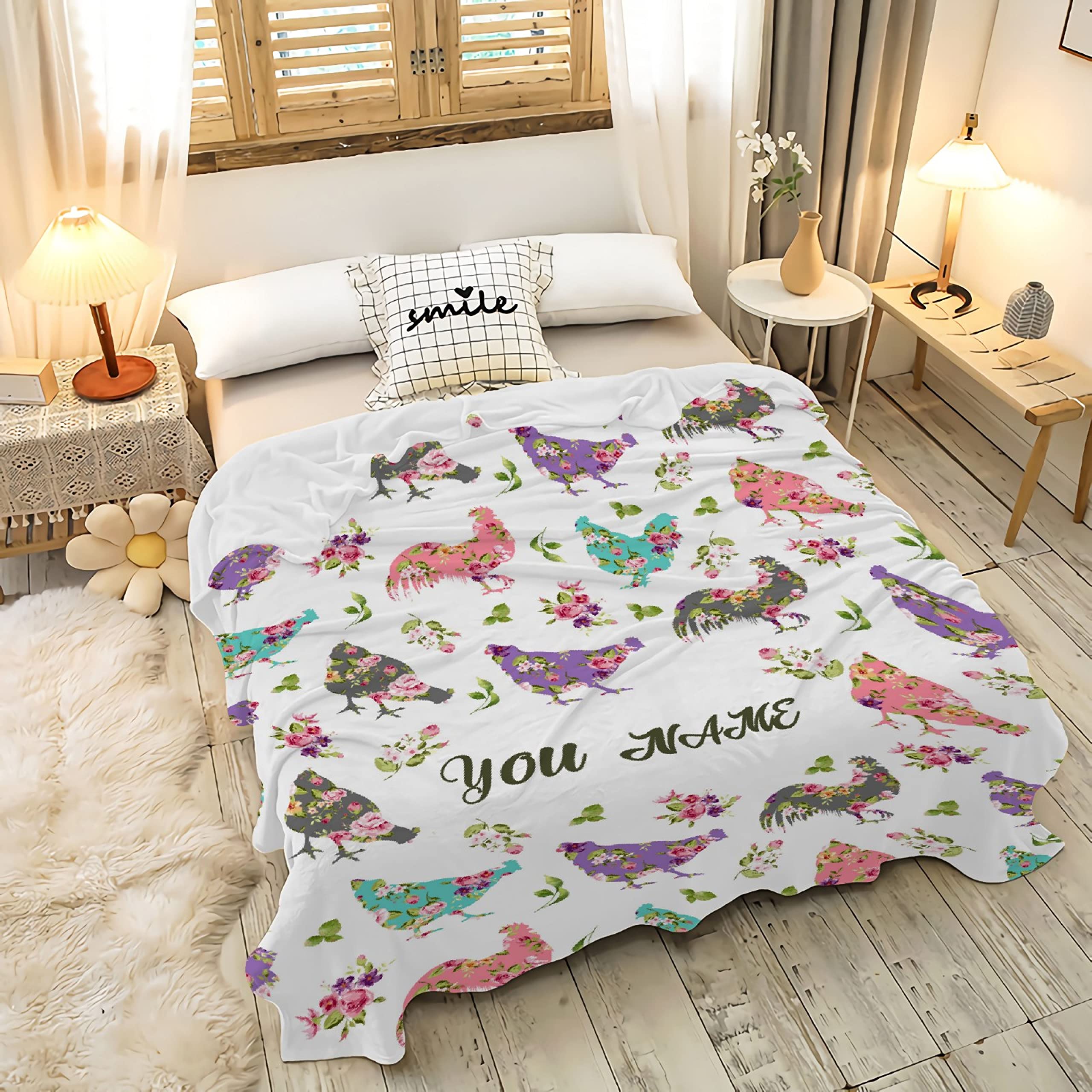 ZOCHOTEN Flower Chicken Personalized Custom Blankets,Funny Chicken Gifts for Women Cute Chicken Printed Blanket for Christmas Birthday Memorial Day 60