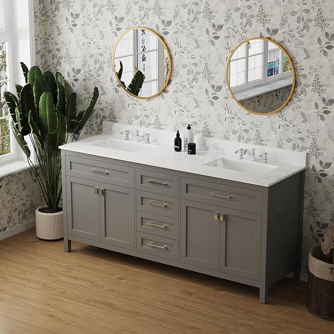 Amazon.com: HomSof 72 inch Solid Wood Bathroom Vanity Set with Marble Countertop and Fully ...