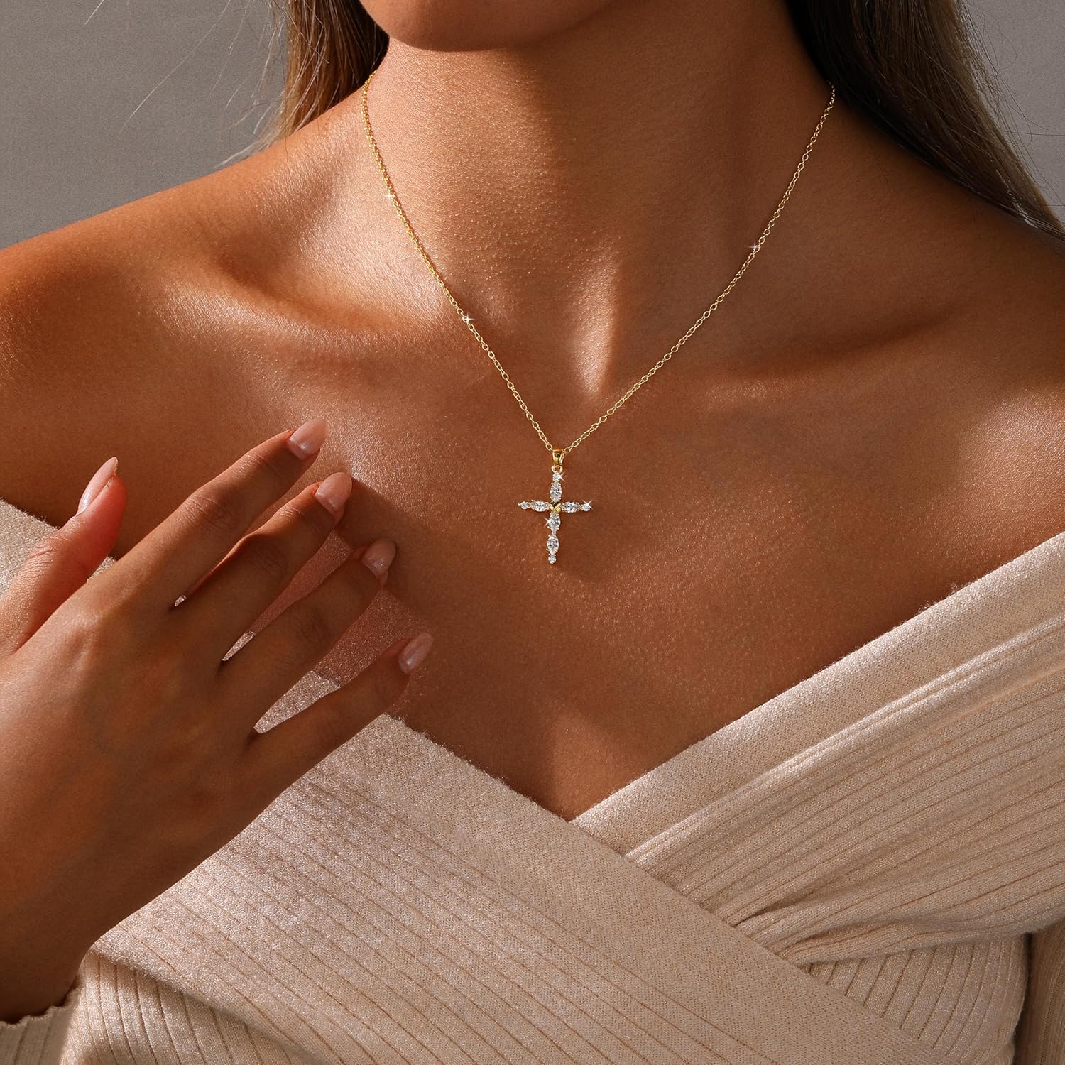 Cross Necklace for Women 14K Gold Silver Diamond CZ Cross Pendant Choker Dainty Gold Necklace Round Diamond Faith Religious Trendy Jewelry Gifts - Image 2