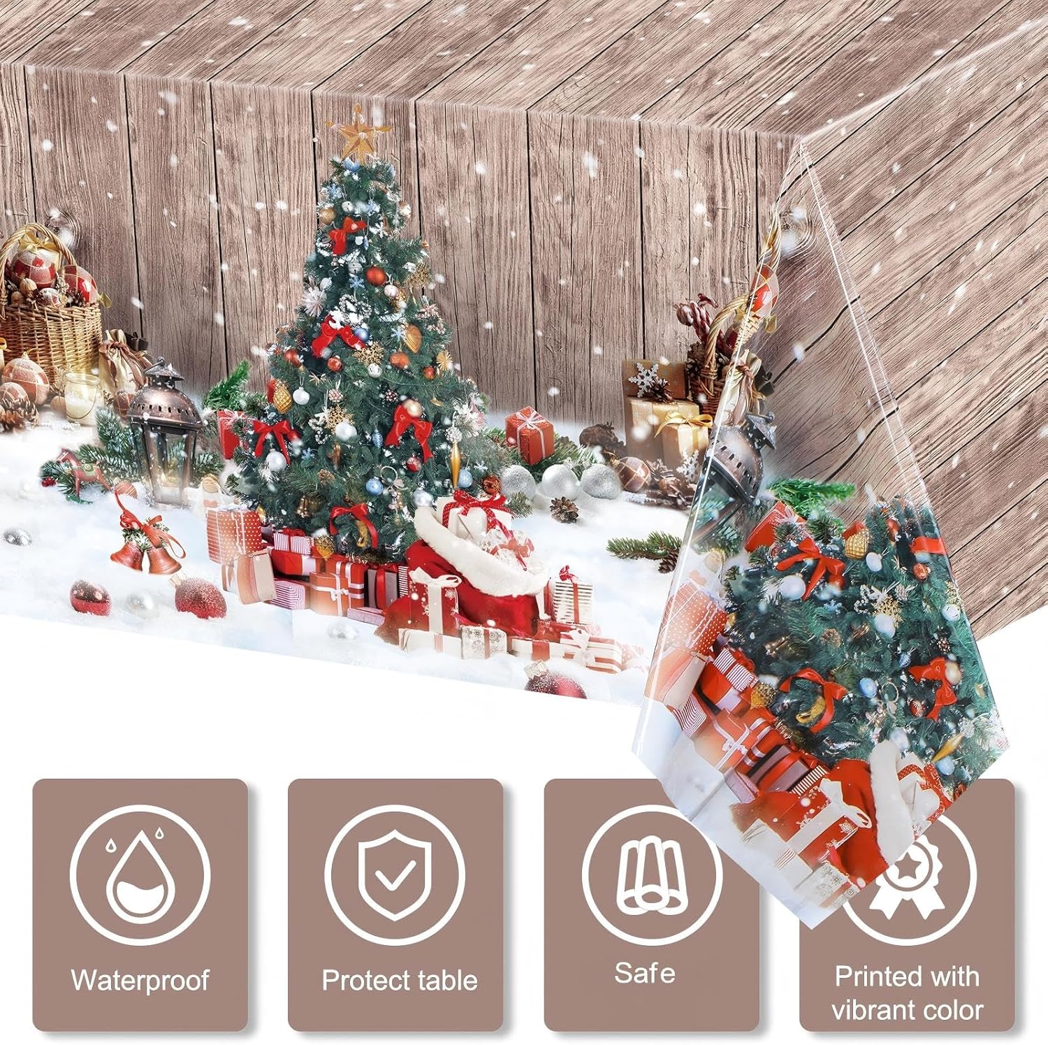 Tiamon 3 Pcs Christmas Tree Plastic Table Covers Wood Grain Tablecloth Winter Holiday Tablecloth Xmas Snow Merry Christmas Table Cover for New Year Barn Themed Party Decorations, 54 x 108 Inch