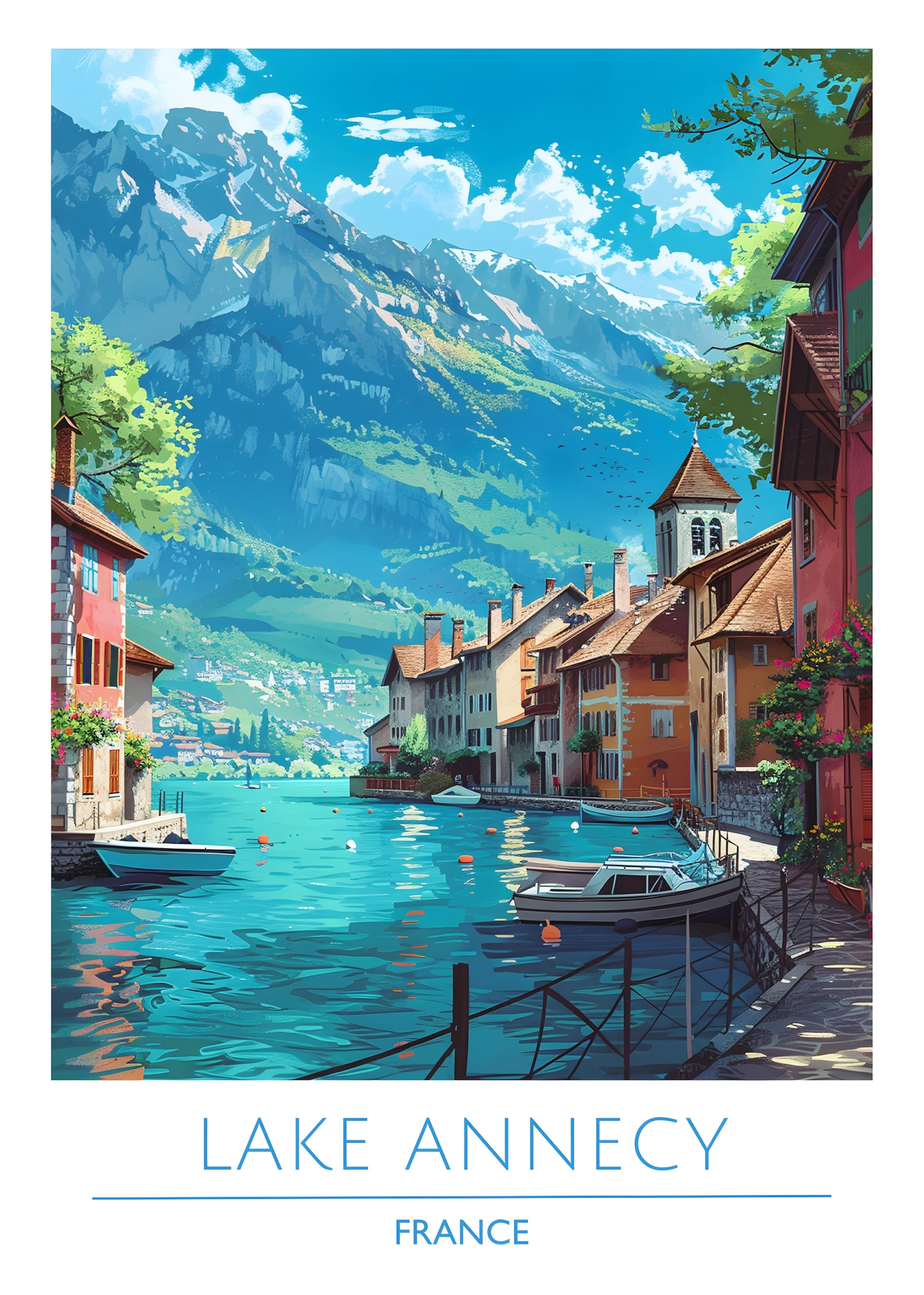 Iconic Cities Unframed A4 A3 Travel Poster Prints, Travel Wall Art, Home Décor, Paris New York Dubai Tokyo Rome Barcelona etc. (France, Lake Annecy, A4 Print Only)