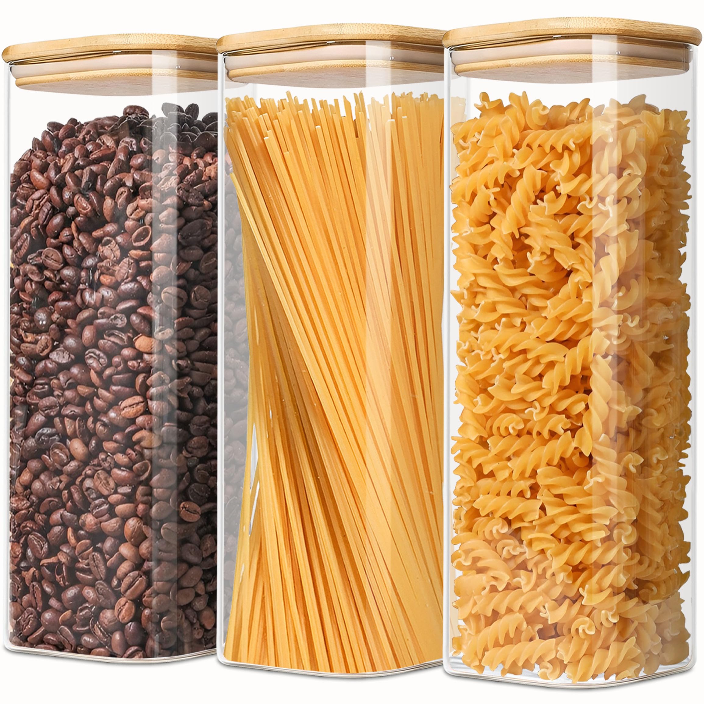 VIEWELLD 2.2Qt Square Glass Jars, Spaghetti Jar,Set of 3, for Cereal, Noodles, Oats